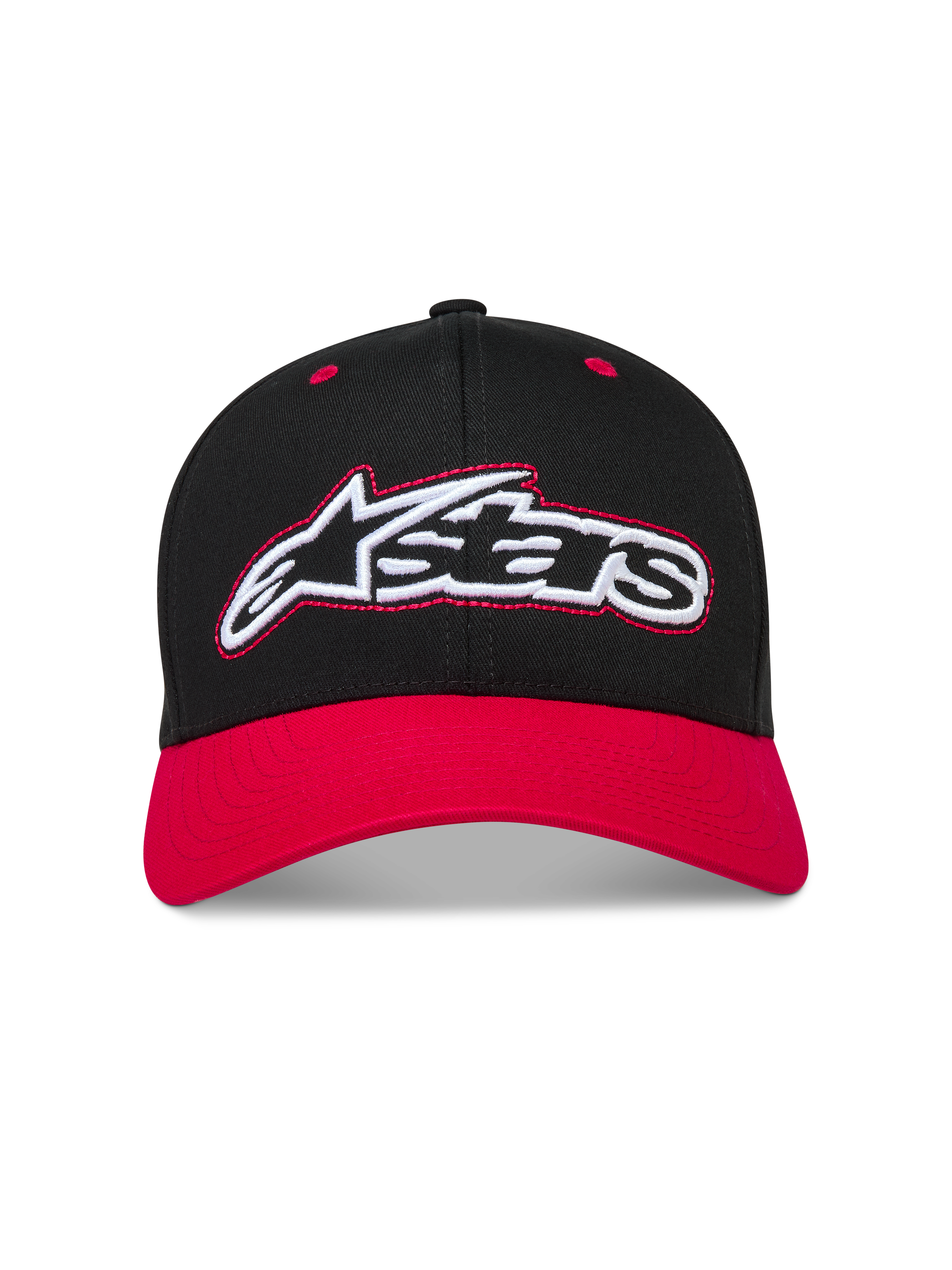 Alpinestars Retro Snapback Cappello, cappello sportivo nero e rosso con visiera curva e logo Astars ricamato.