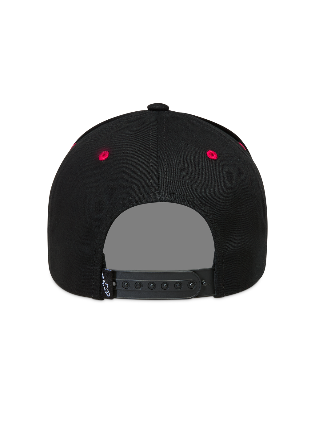 Alpinestars Retro Snapback Cappello, vista posteriore con chiusura a scatto regolabile e occhielli rossi, nero e rosso.