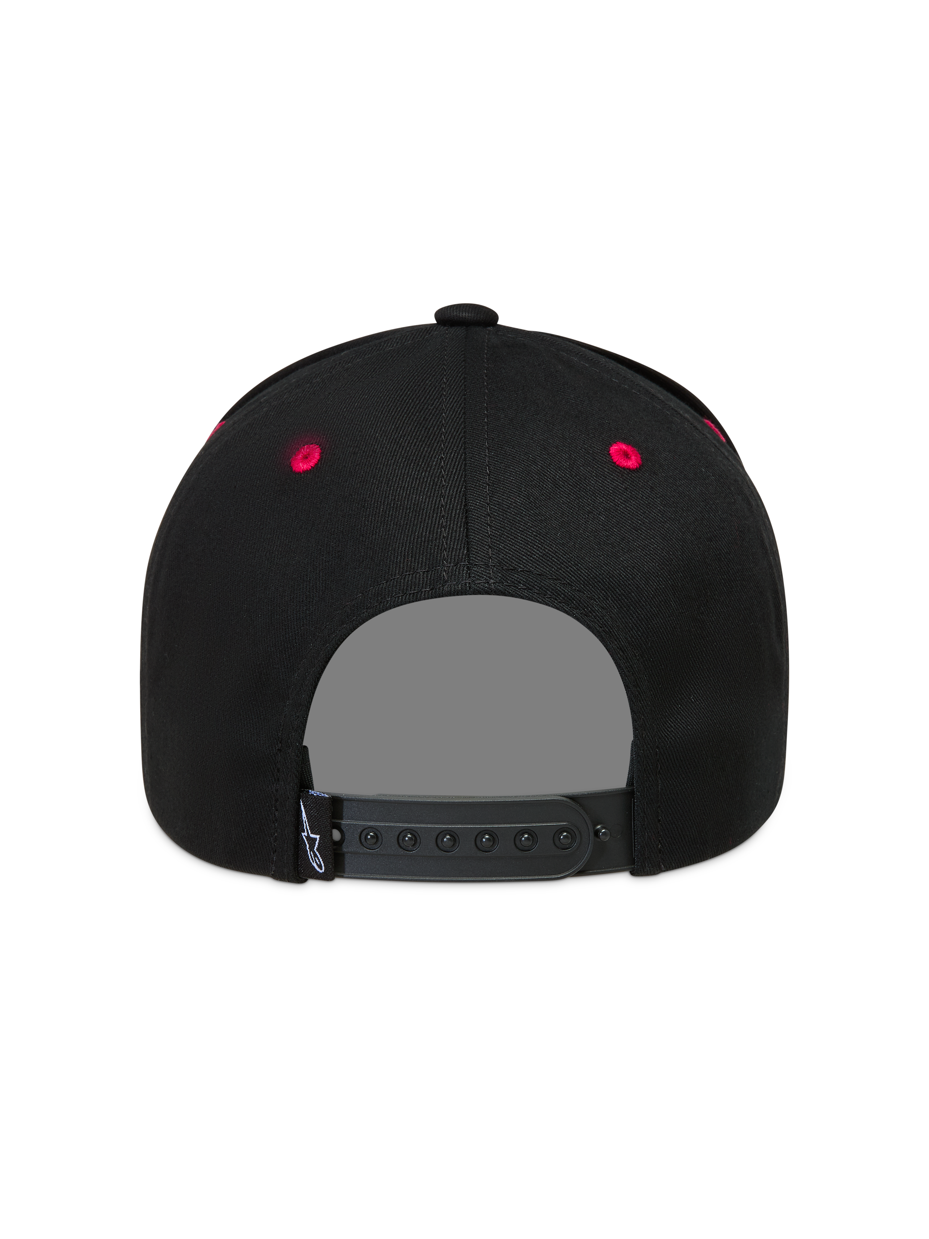 Alpinestars Retro Snapback Cappello, vista posteriore con chiusura a scatto regolabile e occhielli rossi, nero e rosso.