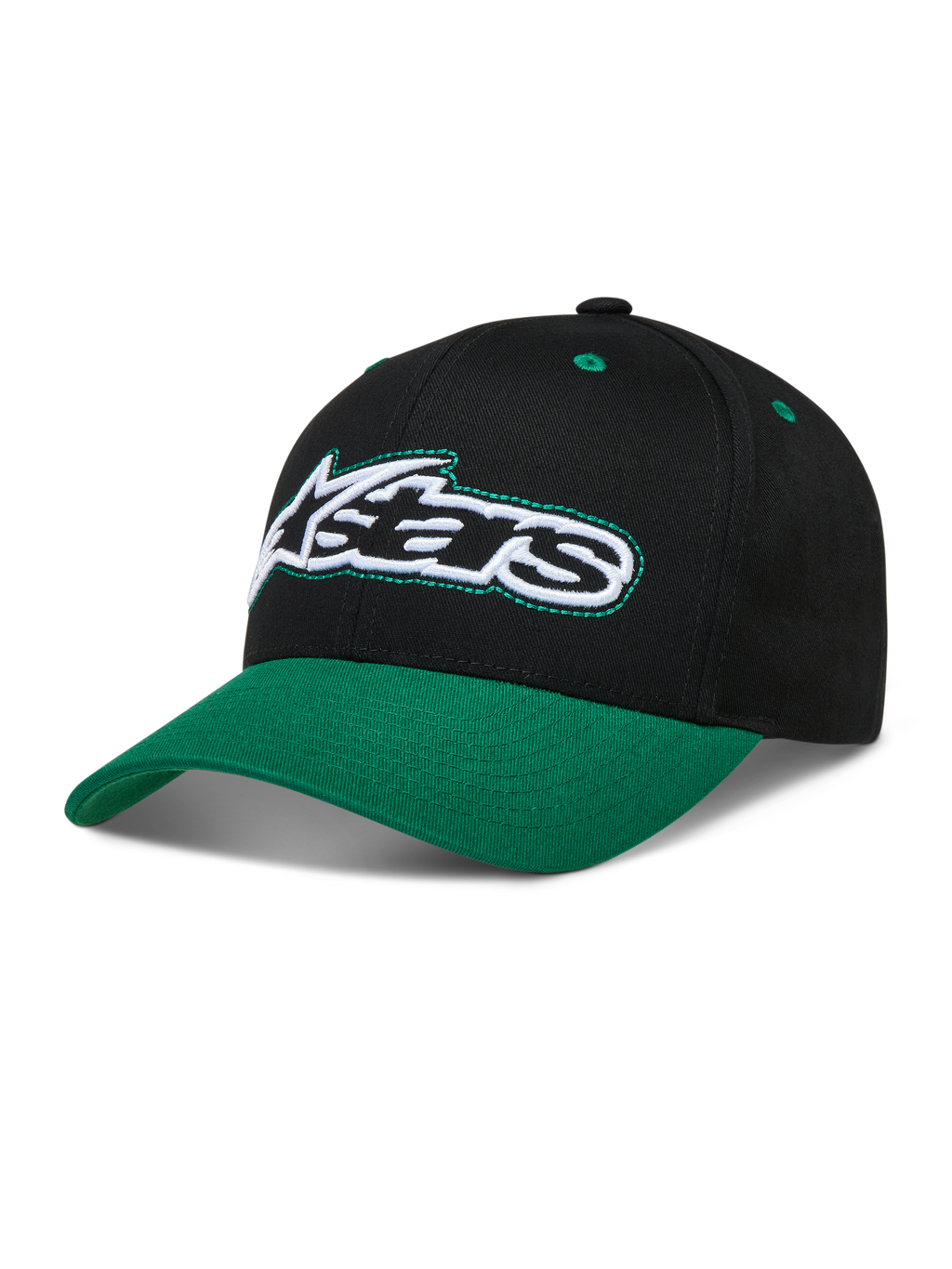 Alpinestars Retro Snapback Cappello, cappello nero e verde con visiera curva, corona strutturata e logo Astars.