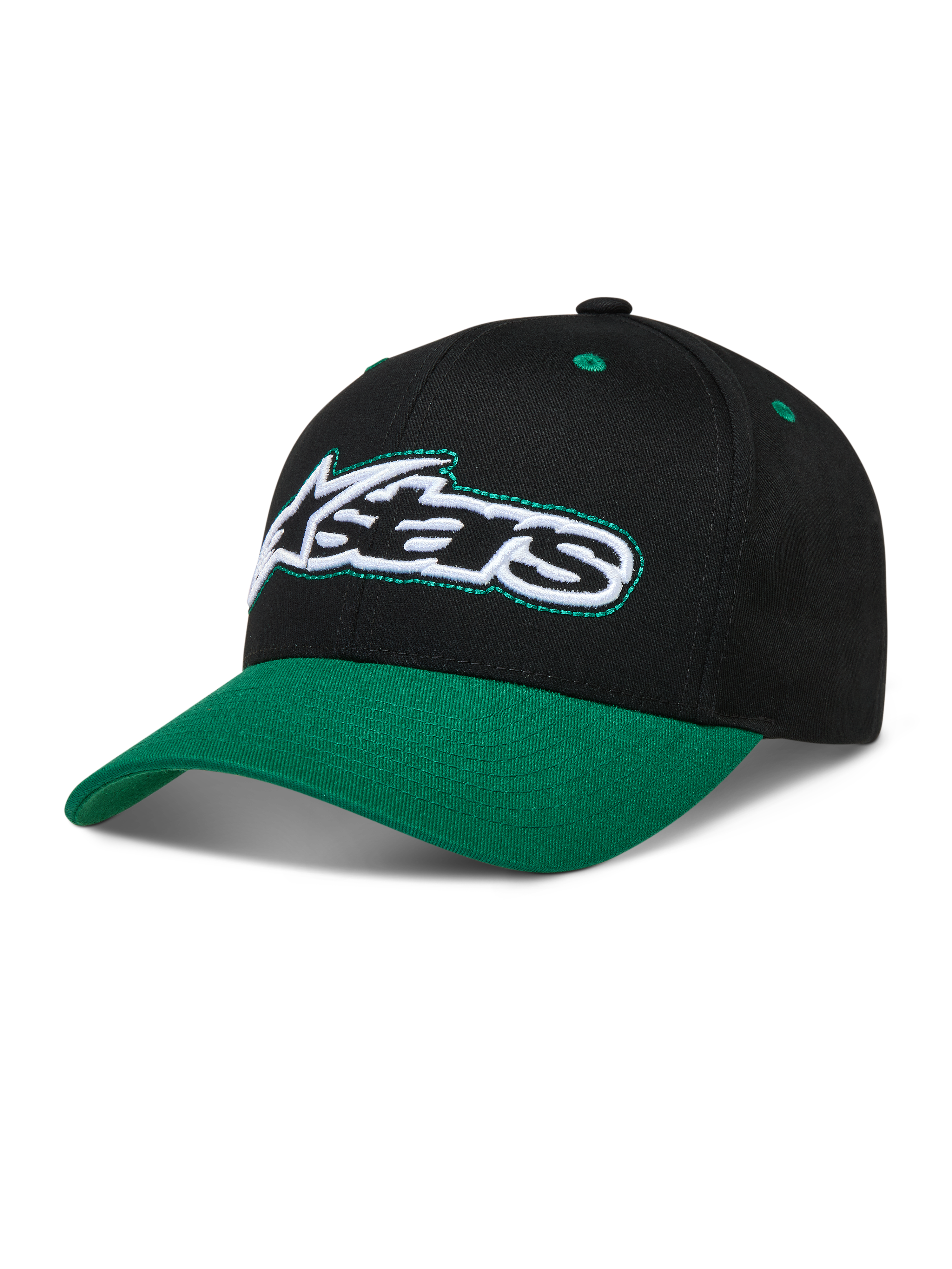 Alpinestars Retro Snapback Cappello, cappello nero e verde con visiera curva, corona strutturata e logo Astars.