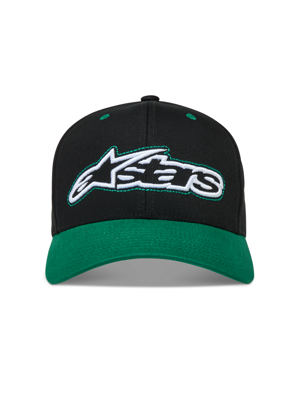 Alpinestars Retro Snapback cappello, cappello sportswear nero e verde in twill con visiera curva e logo Astars ricamato.