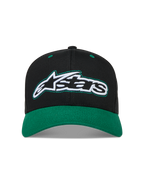 Alpinestars Retro Snapback cappello, cappello sportswear nero e verde in twill con visiera curva e logo Astars ricamato.