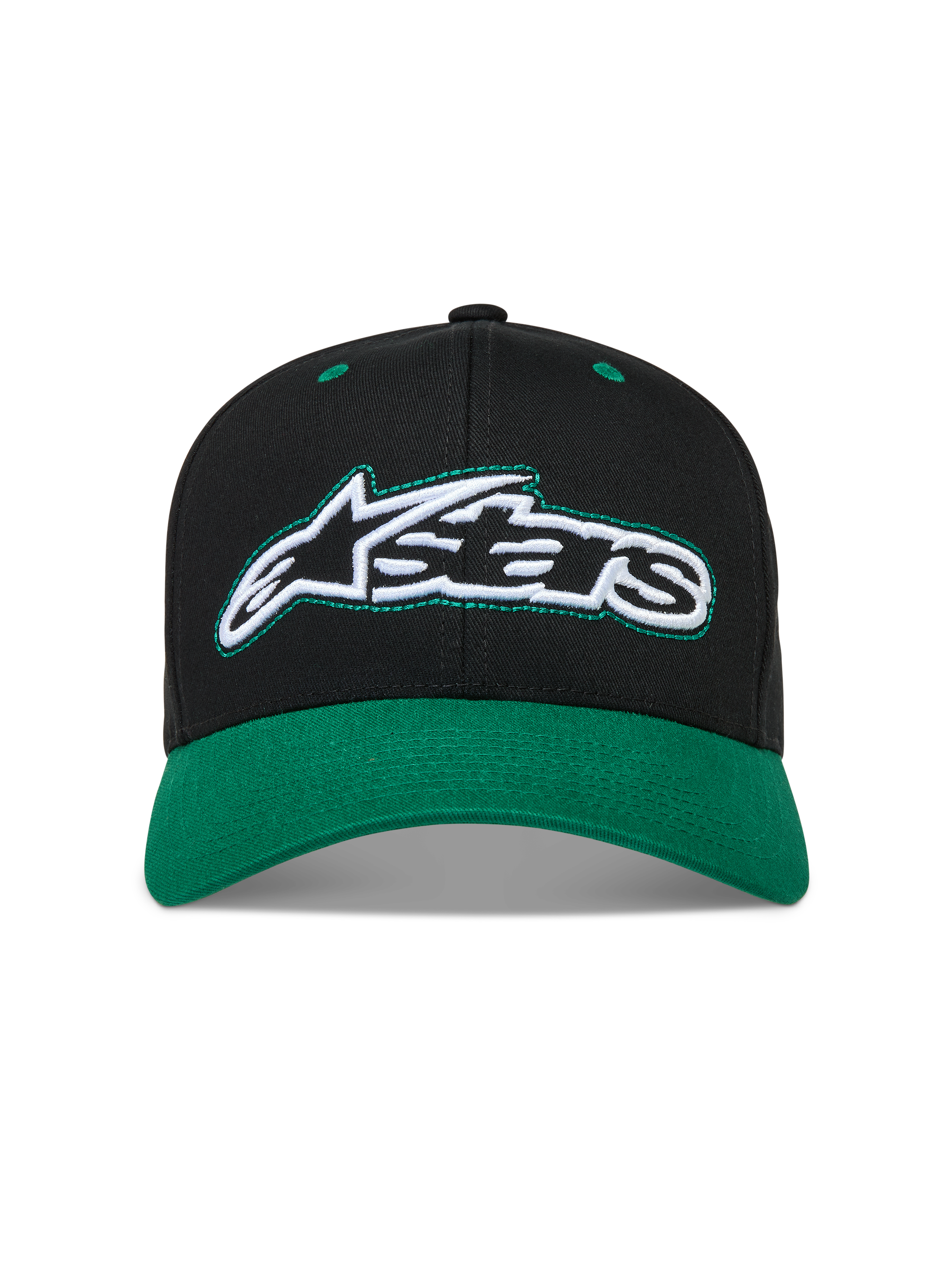Alpinestars Retro Snapback cappello, cappello sportswear nero e verde in twill con visiera curva e logo Astars ricamato.