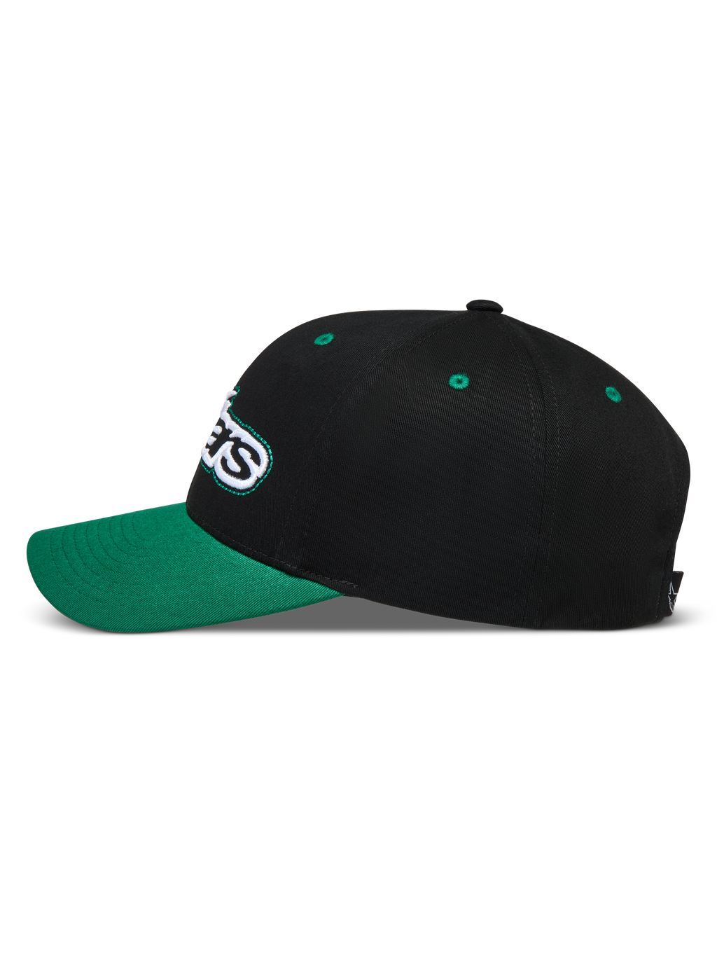 Alpinestars Retro Snapback Cappello nero e verde, profilo laterale con visiera curva e logo Astars ricamato.