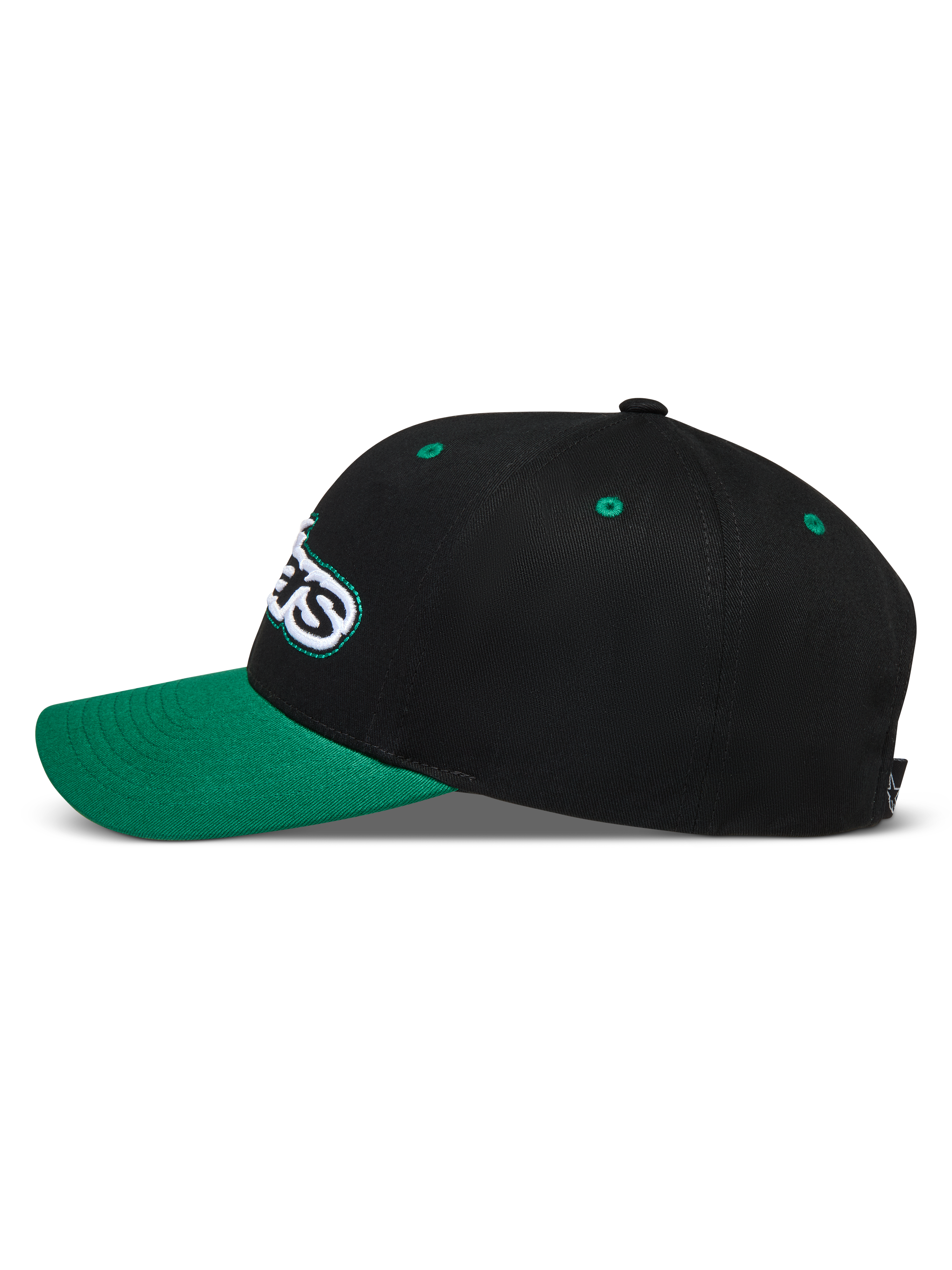 Alpinestars Retro Snapback Cappello nero e verde, profilo laterale con visiera curva e logo Astars ricamato.
