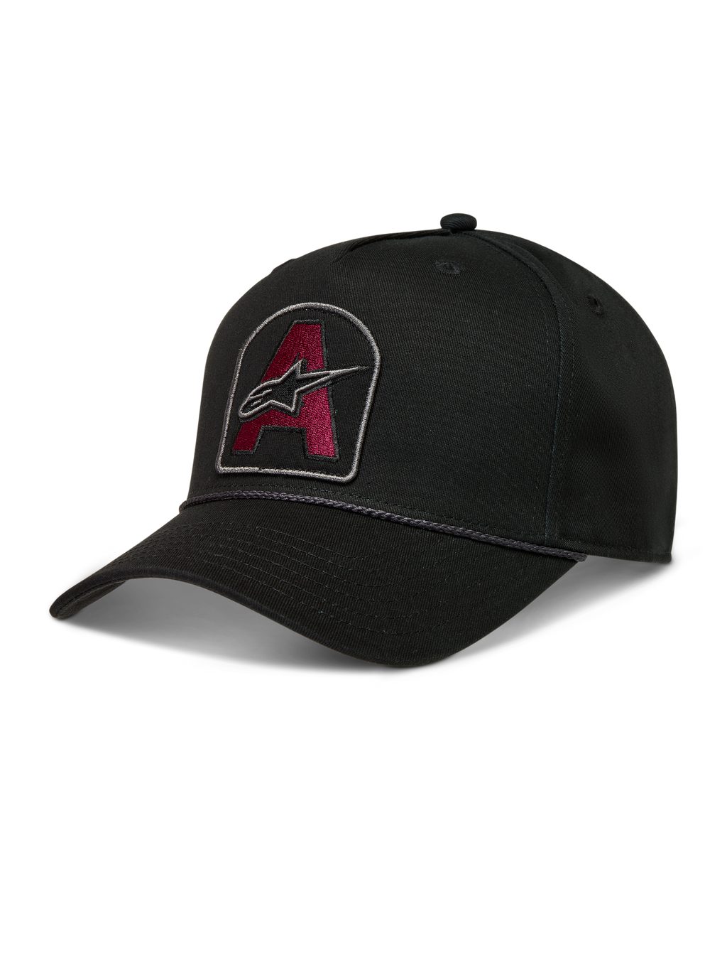 Alpinestars Acme Snapback, cappello nero in twill con patch logo bordeaux ricamato, visiera curva e rifinitura in corda