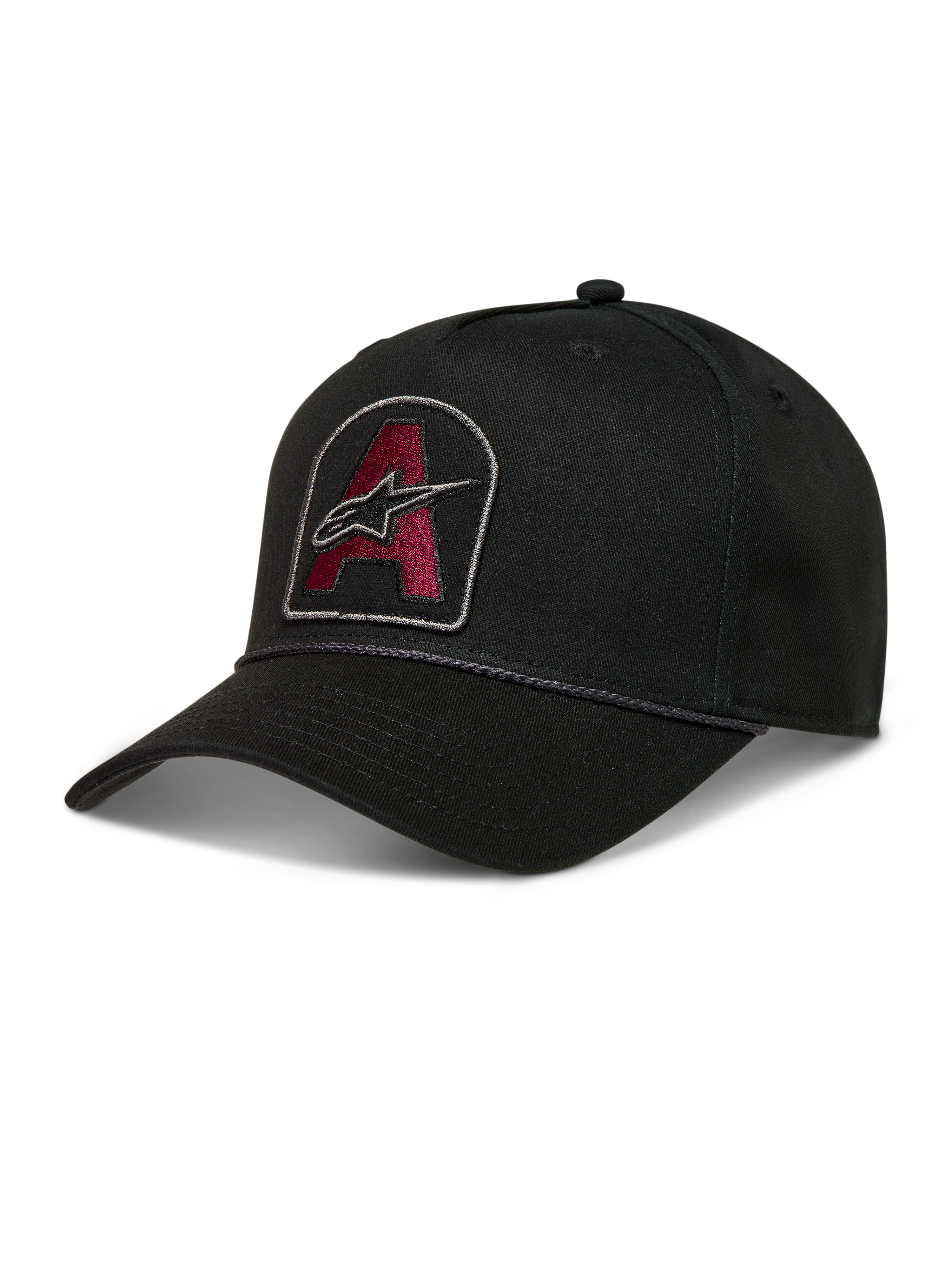 Alpinestars Acme Snapback, cappello nero in twill con patch logo bordeaux ricamato, visiera curva e rifinitura in corda
