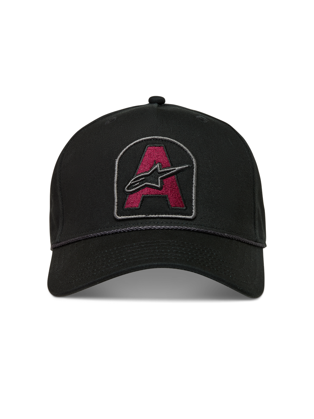 Alpinestars Acme Snapback Cappello, cappello nero con visiera curva, patch con logo rosso scuro e rifinitura in corda
