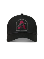 Alpinestars Acme Snapback Cappello, cappello nero con visiera curva, patch con logo rosso scuro e rifinitura in corda