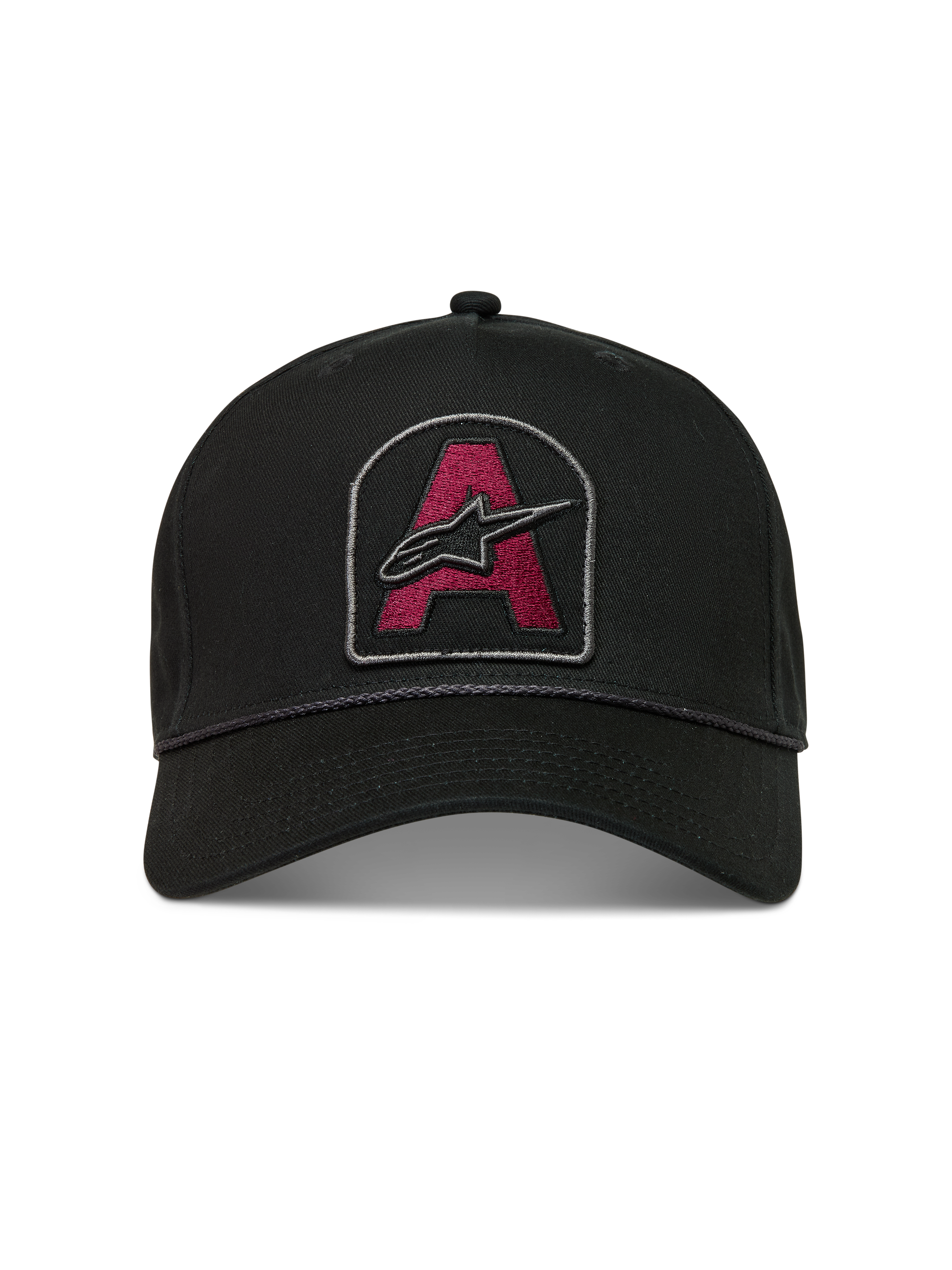Alpinestars Acme Snapback Cappello, cappello nero con visiera curva, patch con logo rosso scuro e rifinitura in corda