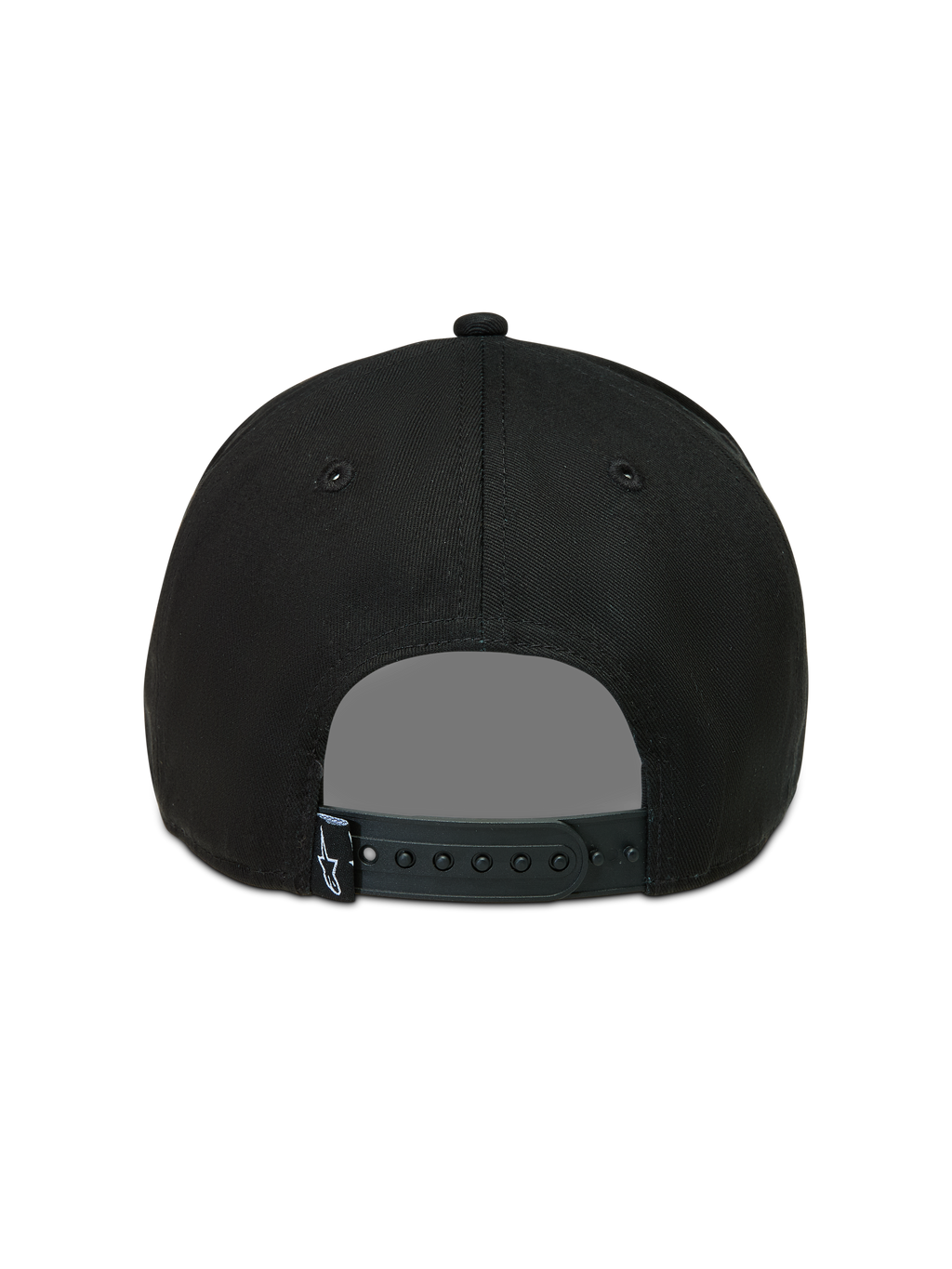 Alpinestars Acme Snapback, cappello sportswear nero, vista posteriore con chiusura snapback regolabile e piccola etichetta con logo Astars