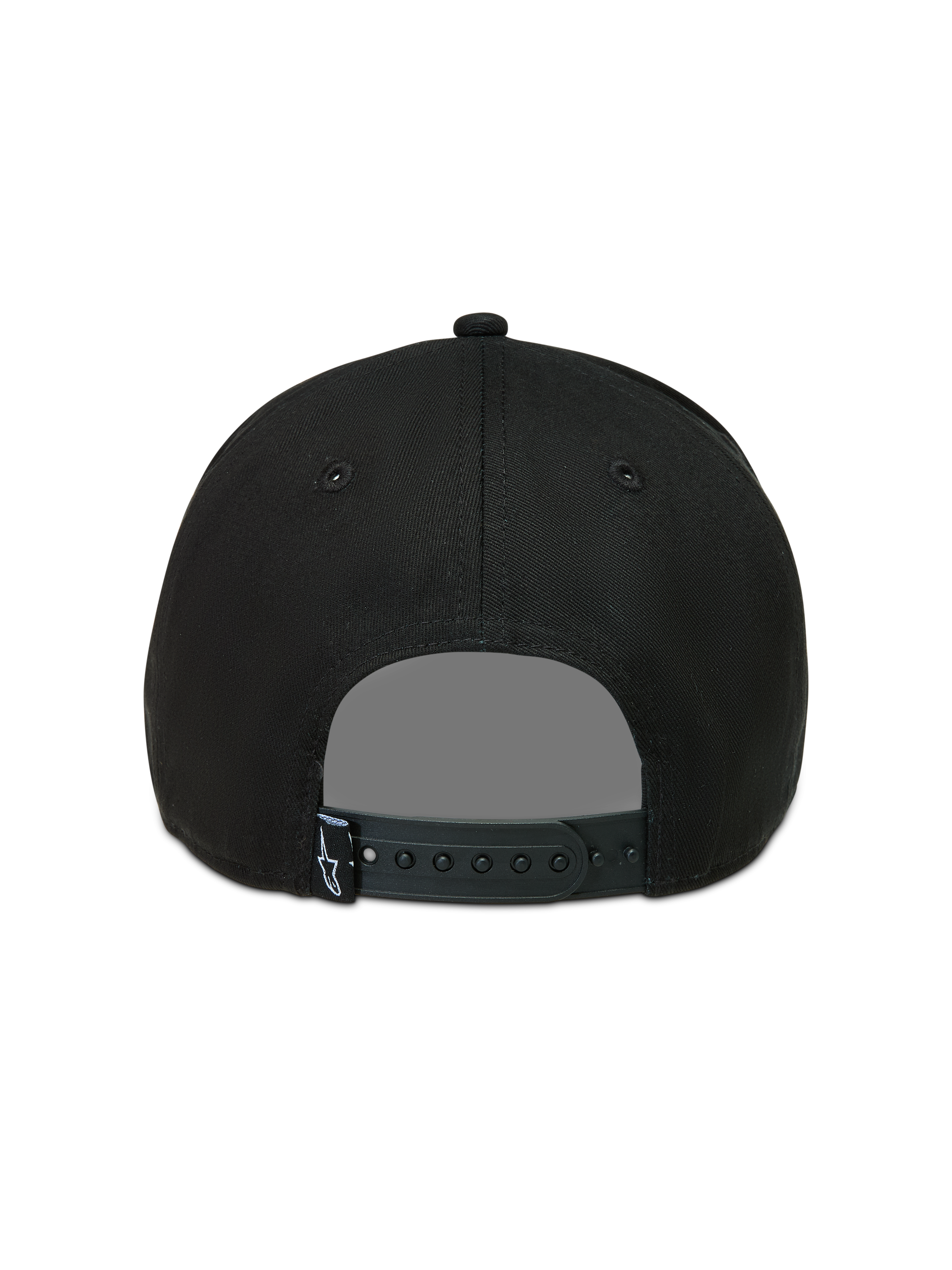 Alpinestars Acme Snapback, cappello sportswear nero, vista posteriore con chiusura snapback regolabile e piccola etichetta con logo Astars
