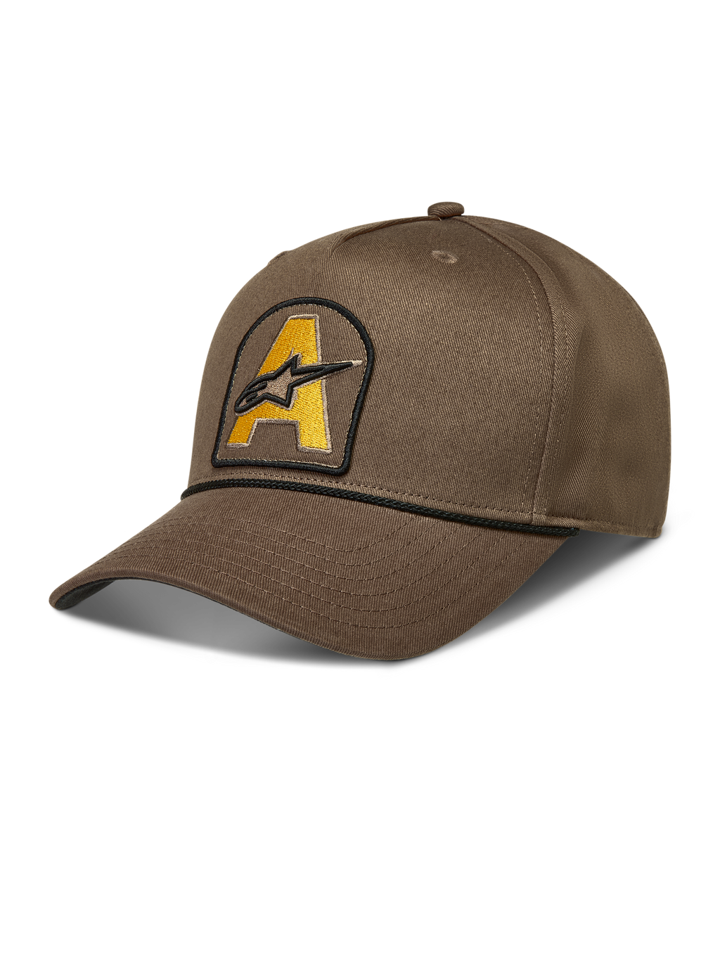 Alpinestars Acme Snapback cappello, cappello sportivo marrone con visiera curva, patch logo Astars giallo e corda nera.