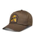 Alpinestars Acme Snapback cappello, cappello sportivo marrone con visiera curva, patch logo Astars giallo e corda nera.
