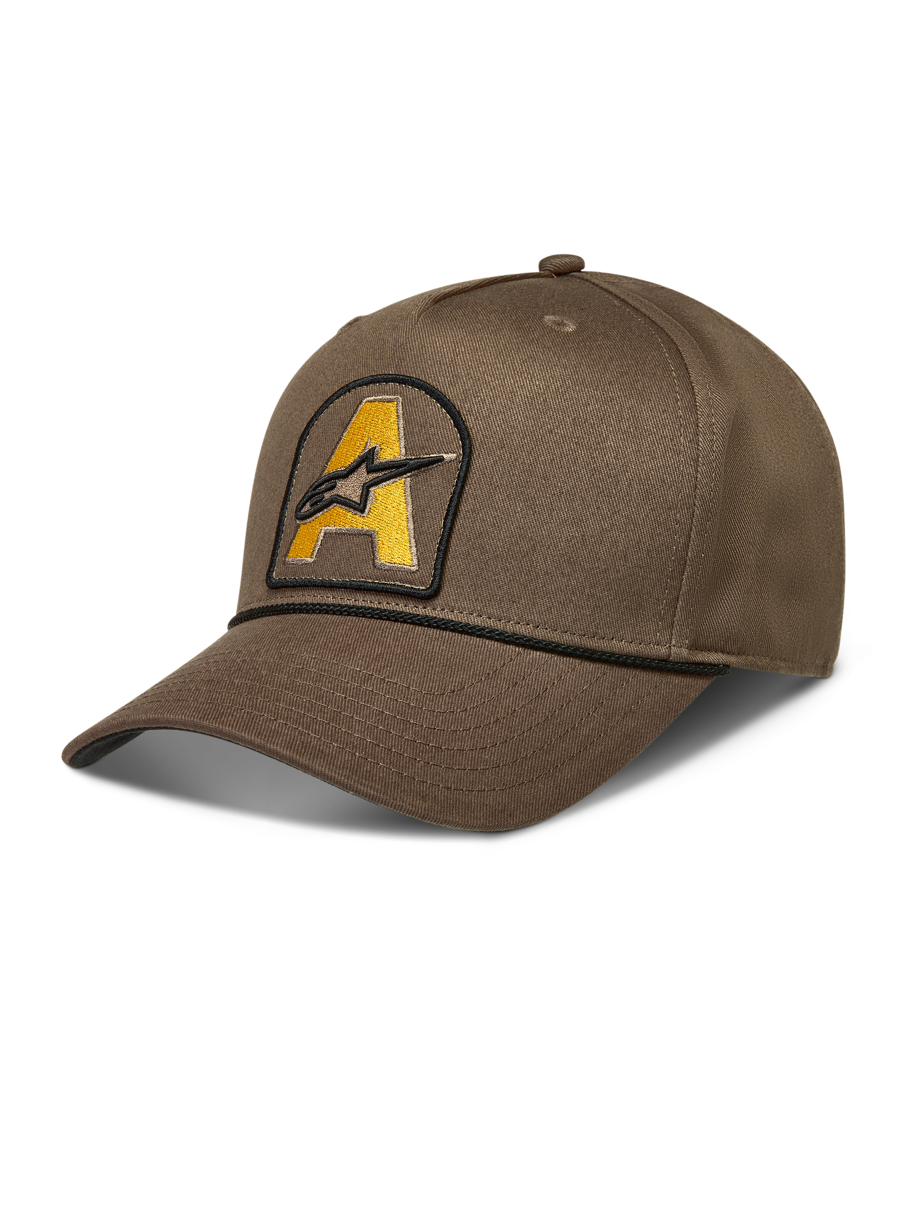 Alpinestars Acme Snapback cappello, cappello sportivo marrone con visiera curva, patch logo Astars giallo e corda nera.