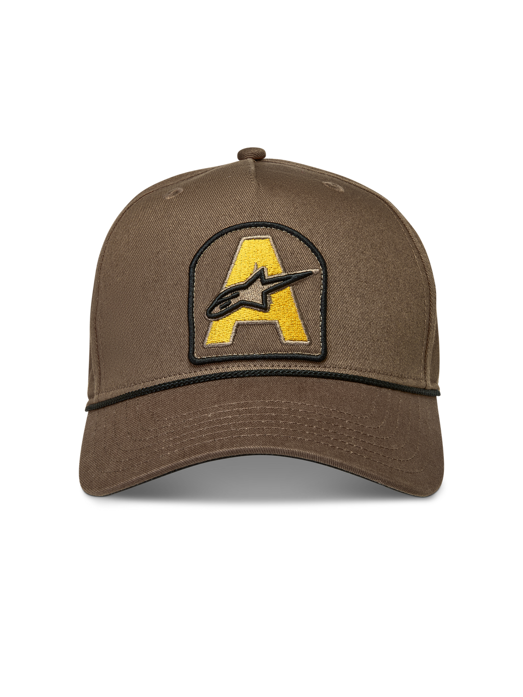 Alpinestars Acme Snapback Cappello, twill marrone, patch logo ricamato giallo e dettaglio cordino nero