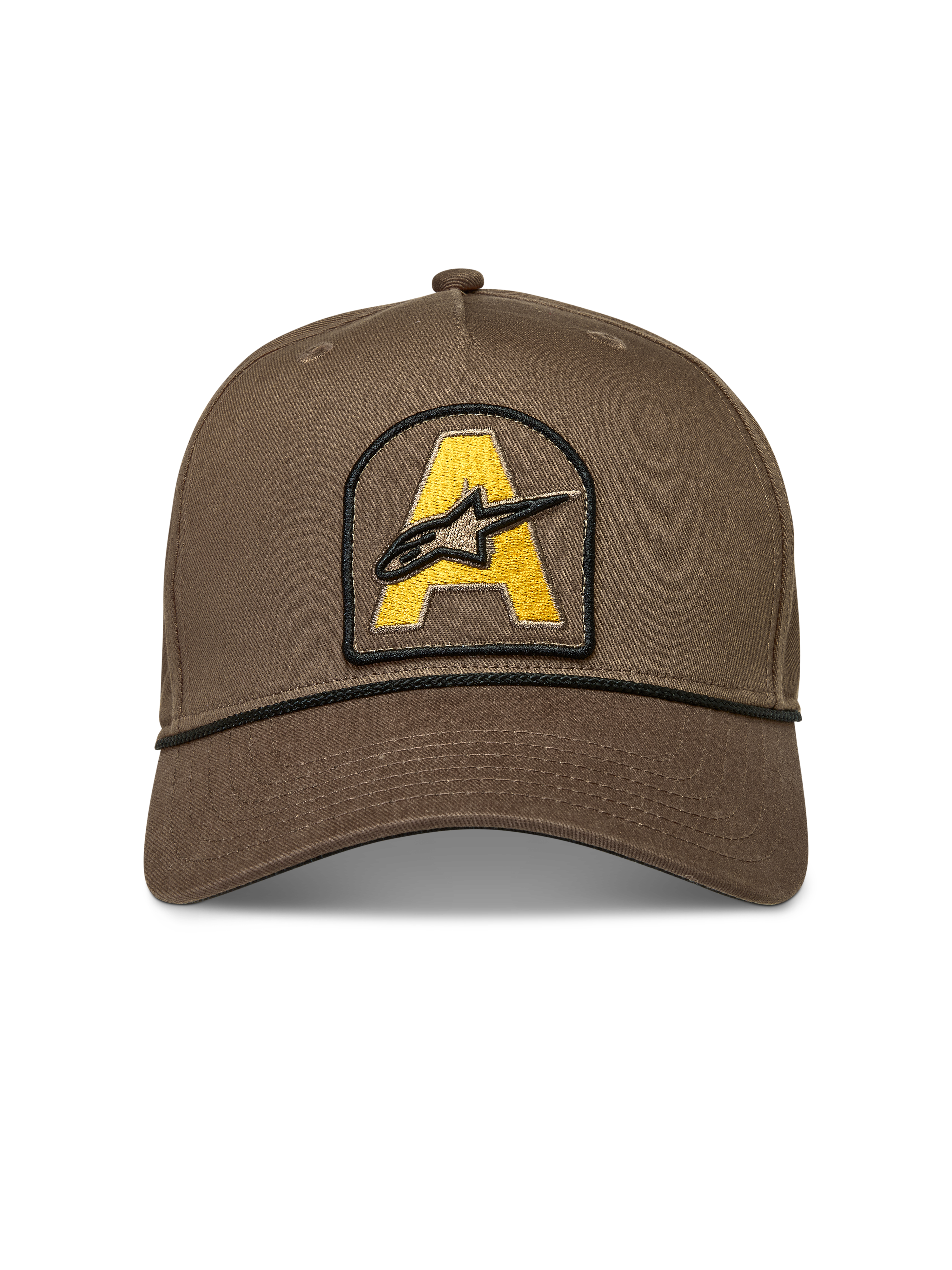 Alpinestars Acme Snapback Cappello, twill marrone, patch logo ricamato giallo e dettaglio cordino nero
