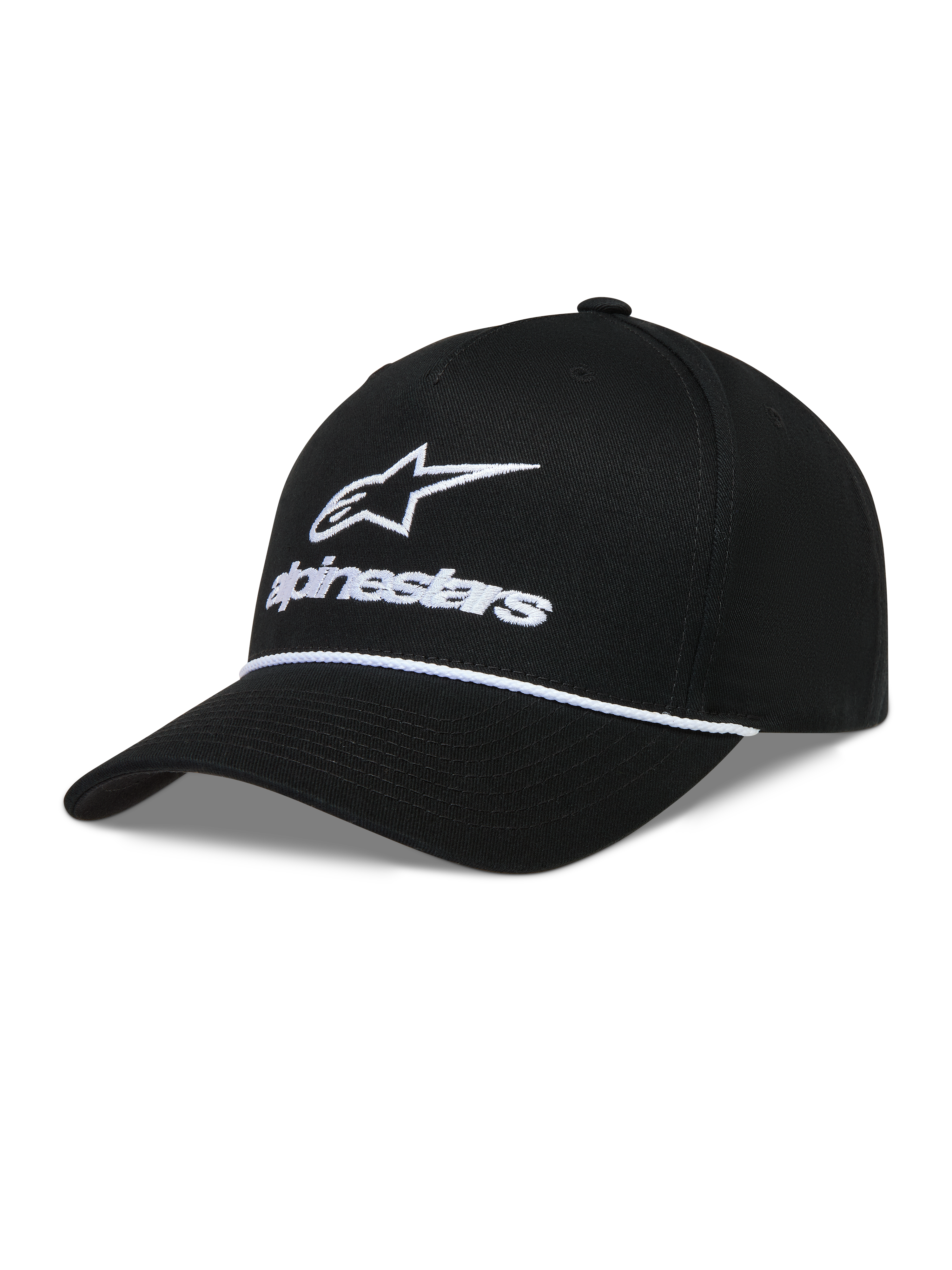 Alpinestars Combo Logo Snapback Cappello, cappello sportswear nero con visiera curva, logo frontale ricamato bianco e cordoncino bianco