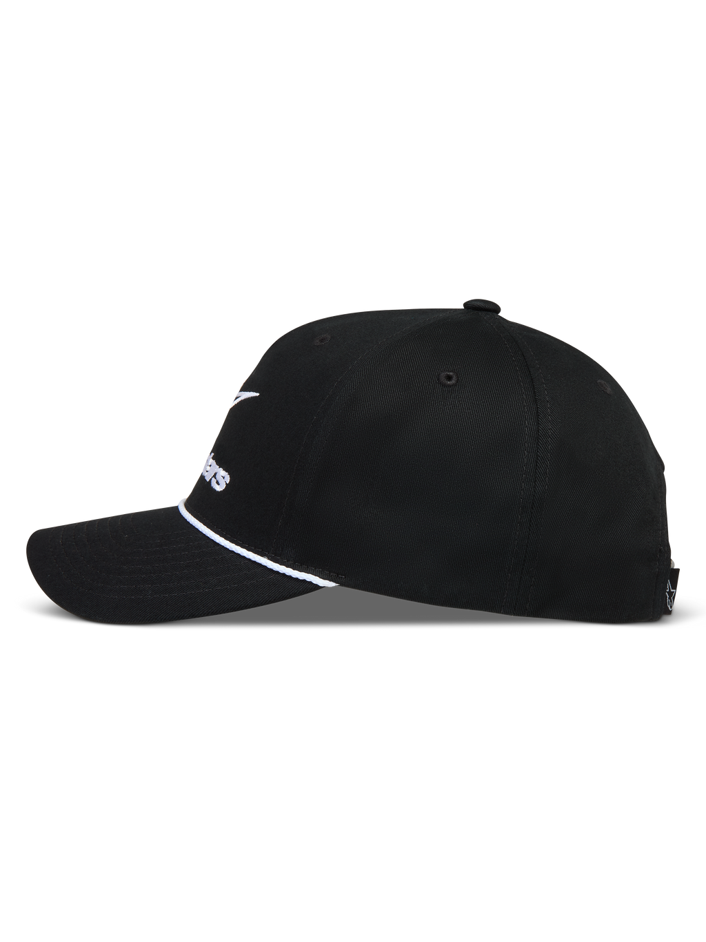 Alpinestars Combo Logo Snapback Cappello, cappello sportswear nero con visiera curva, corona strutturata e dettaglio cordino bianco.