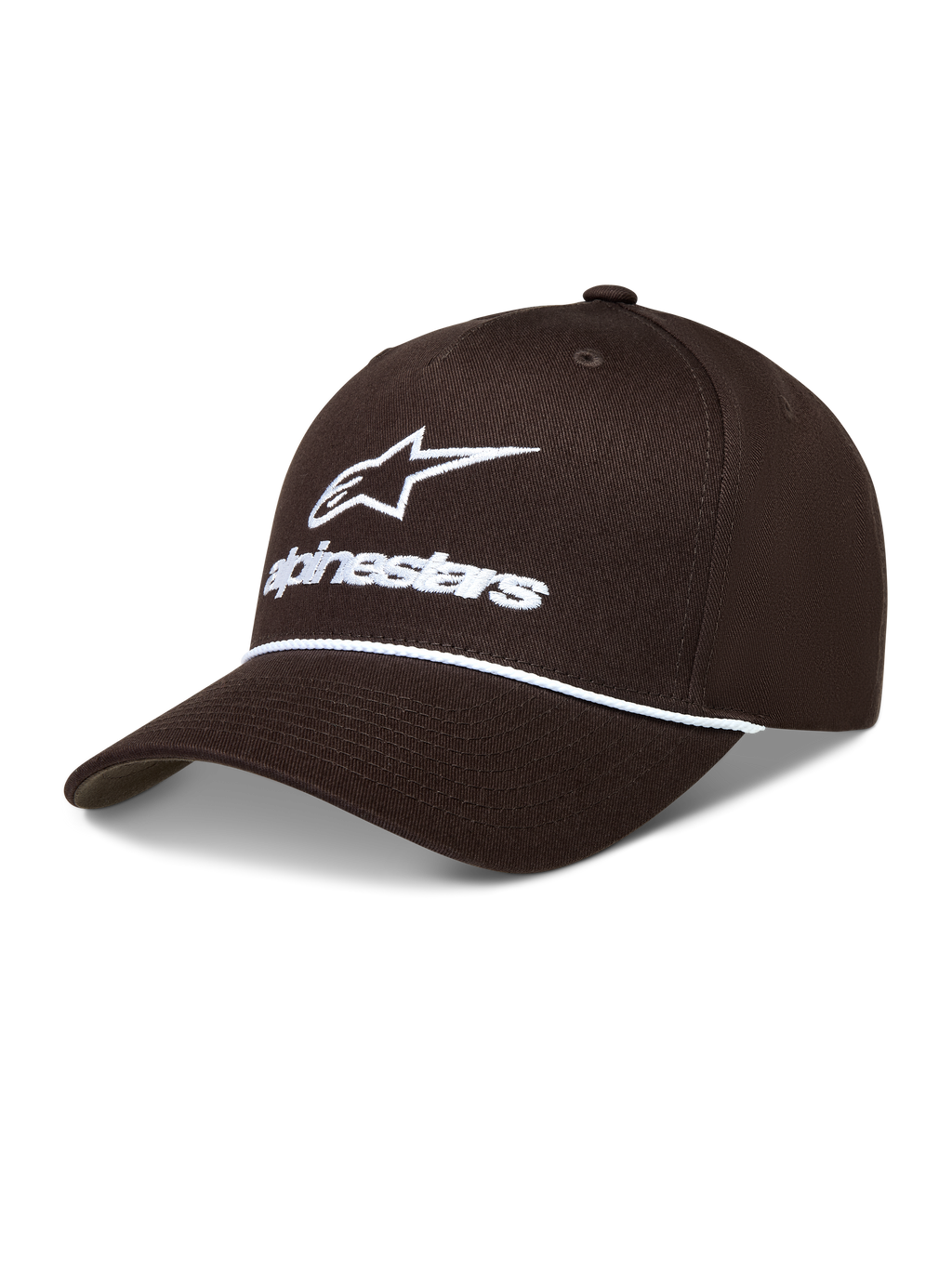 Alpinestars Combo Logo Snapback Cappello, cappello sportivo marrone con logo ricamato bianco e dettaglio cordino.