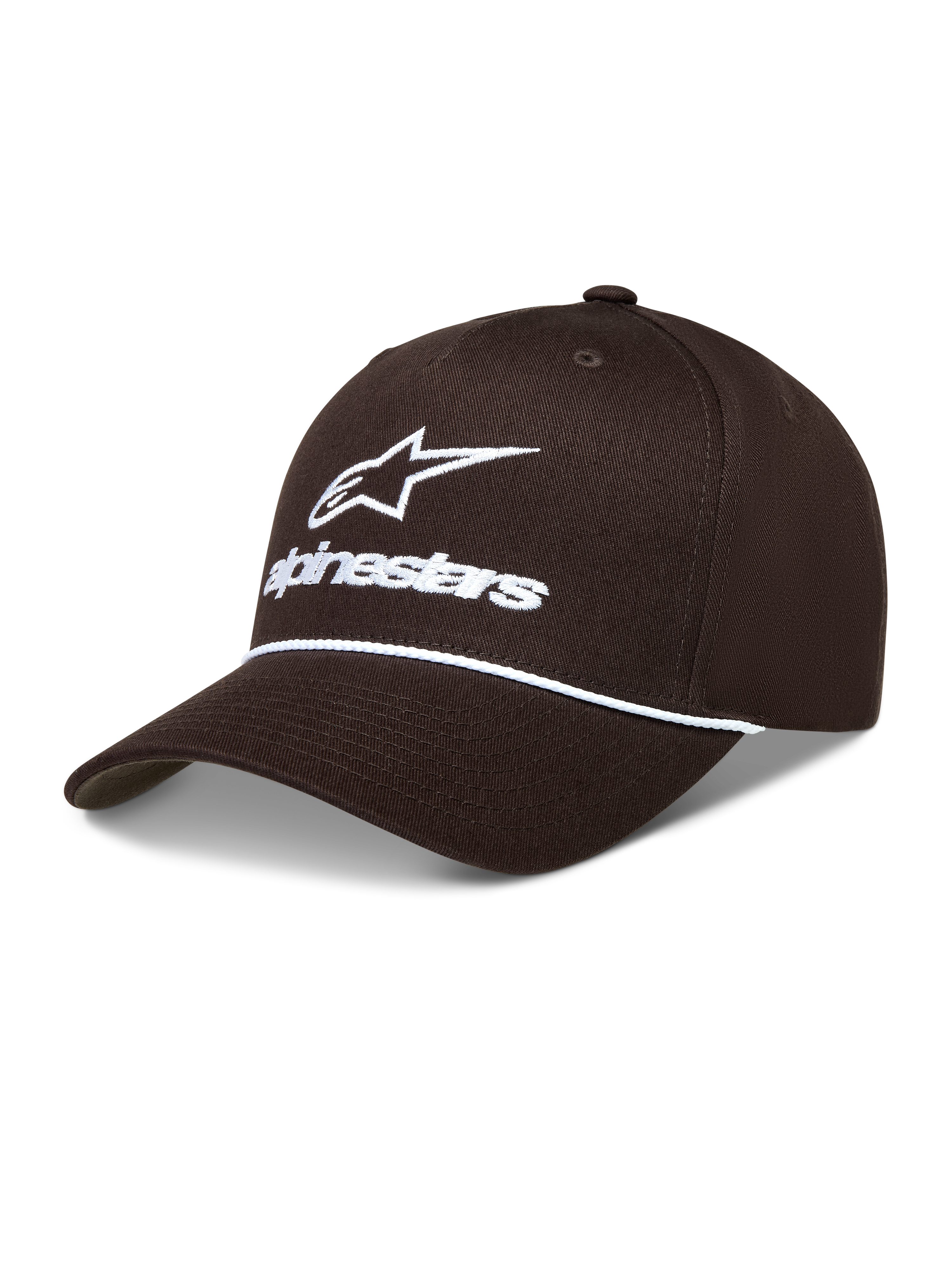 Alpinestars Combo Logo Snapback Cappello, cappello sportivo marrone con logo ricamato bianco e dettaglio cordino.