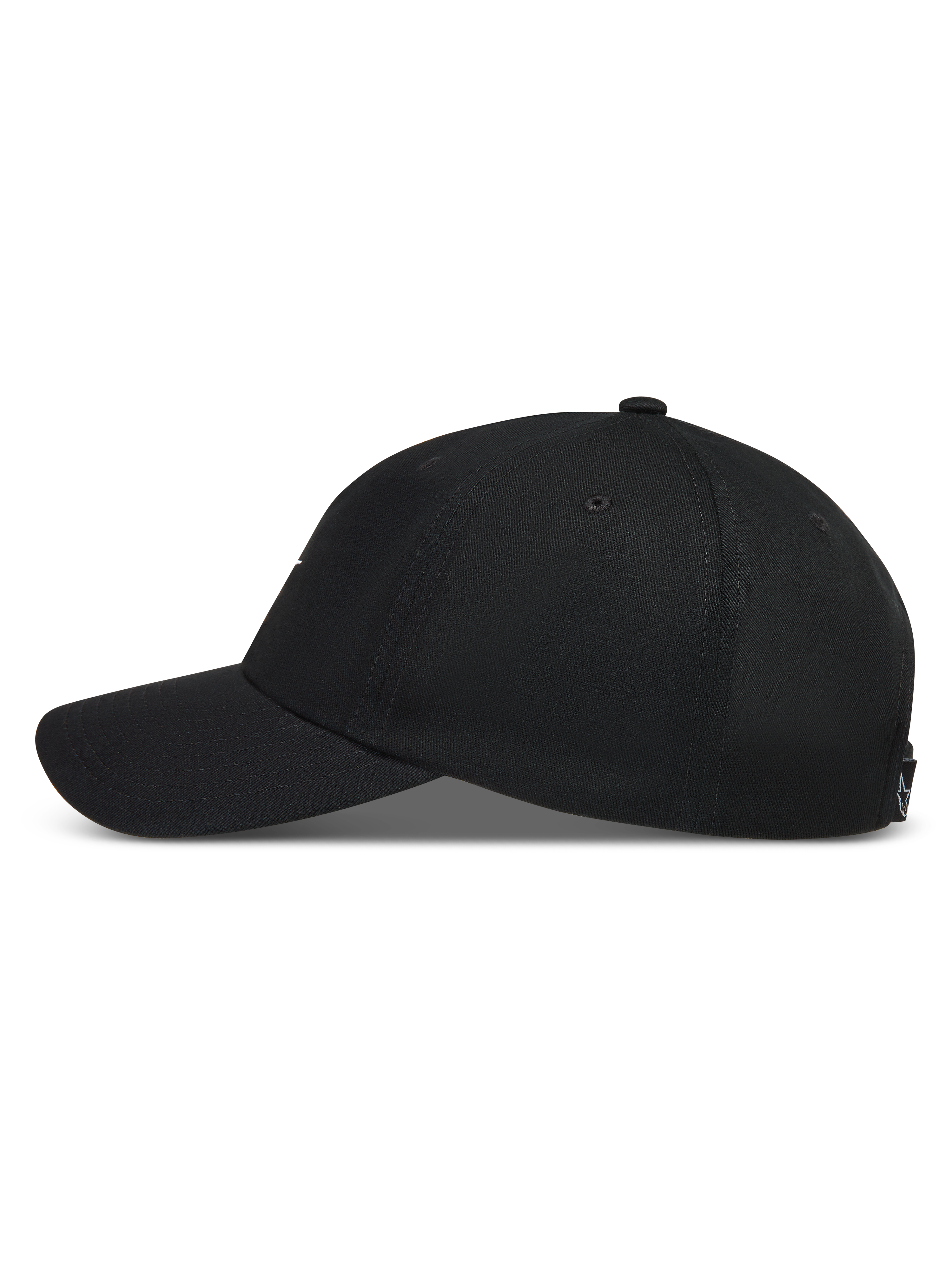 Alpinestars Dylan Dad Cappello, cappello sportswear nero con visiera curva e corona in twill, vista di profilo.