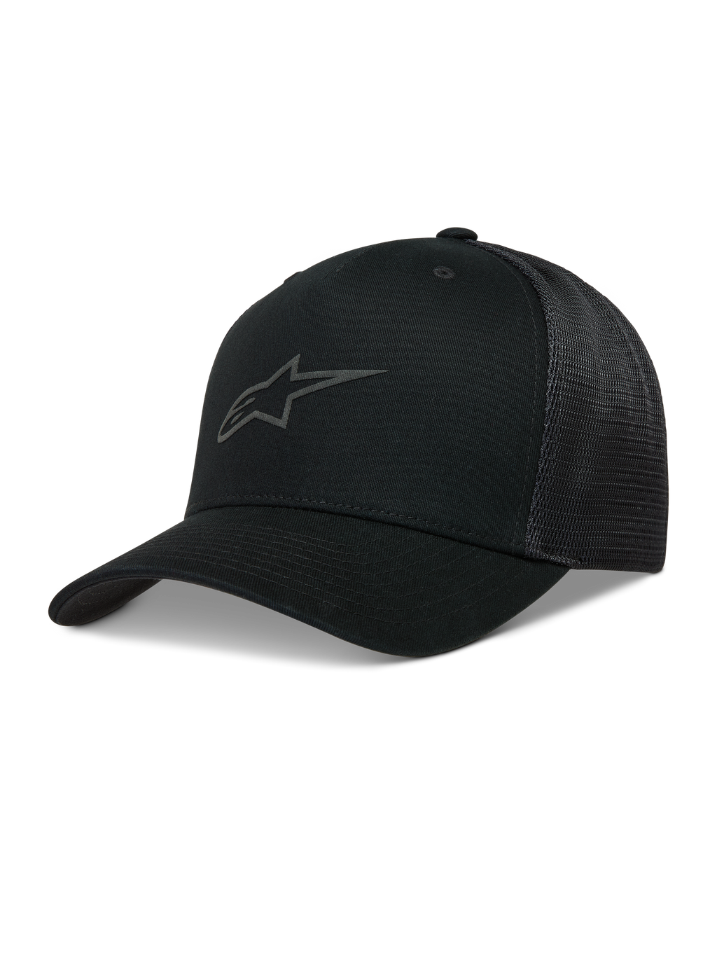 Alpinestars Augment Cappellino Trucker, cappello nero con visiera curva, frontale in twill e retro in rete a diamante