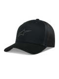 Alpinestars Augment Cappellino Trucker, cappello nero con visiera curva, frontale in twill e retro in rete a diamante