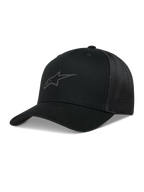Alpinestars Augment Cappellino Trucker, cappello nero con visiera curva, frontale in twill e retro in rete a diamante