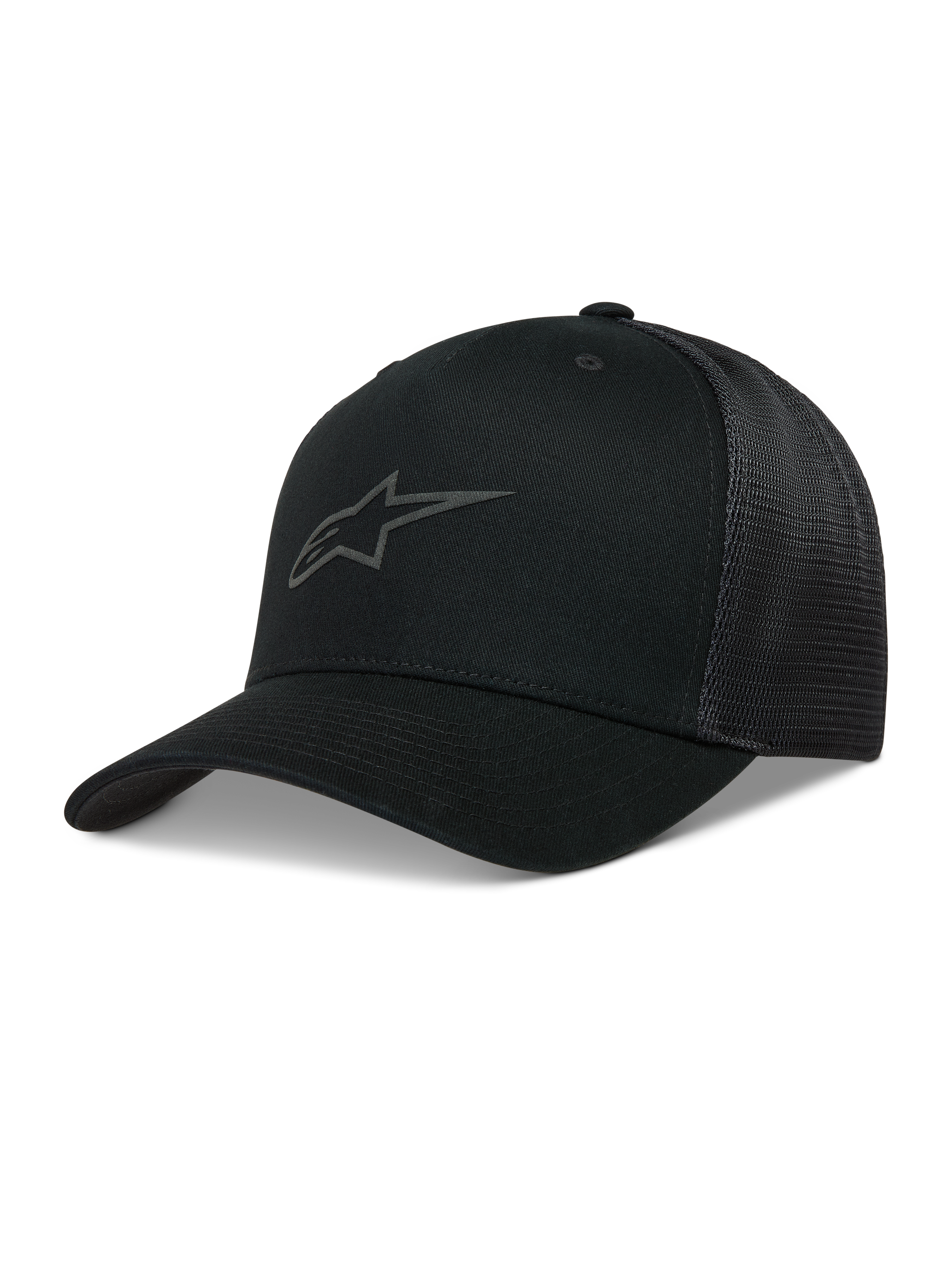 Alpinestars Augment Cappellino Trucker, cappello nero con visiera curva, frontale in twill e retro in rete a diamante