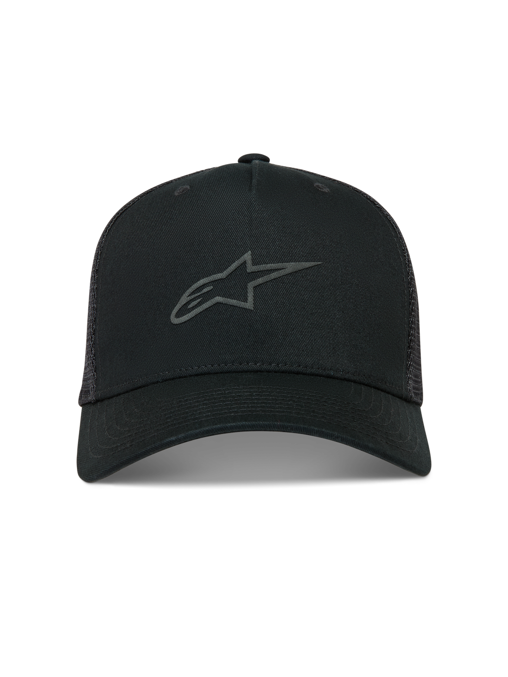 Alpinestars Augment Cappellino Trucker, cappello nero con visiera curva, retro in rete e logo Astars con stampa a rilievo.