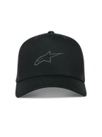 Alpinestars Augment Cappellino Trucker, cappello nero con visiera curva, retro in rete e logo Astars con stampa a rilievo.