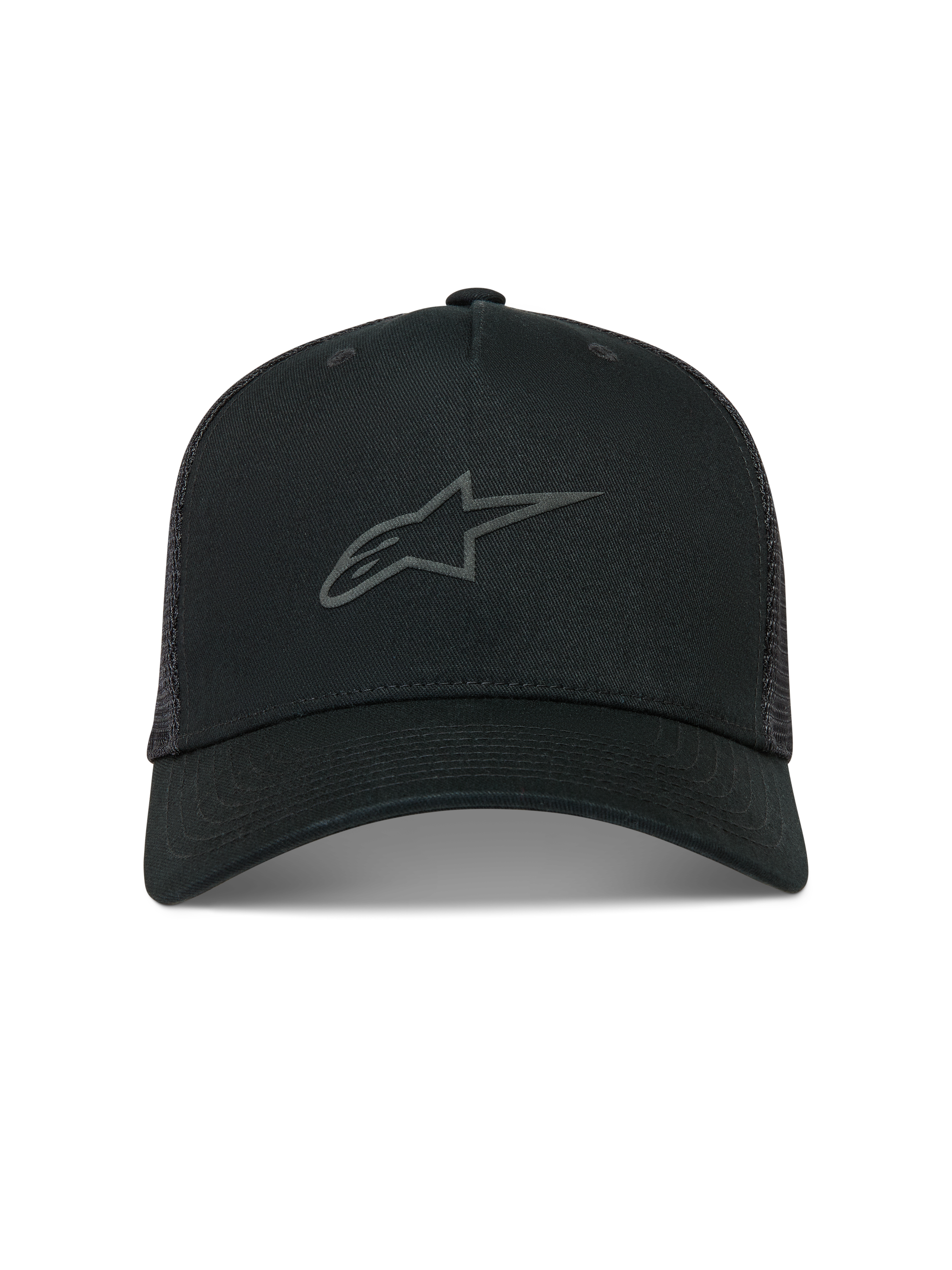 Alpinestars Augment Cappellino Trucker, cappello nero con visiera curva, retro in rete e logo Astars con stampa a rilievo.