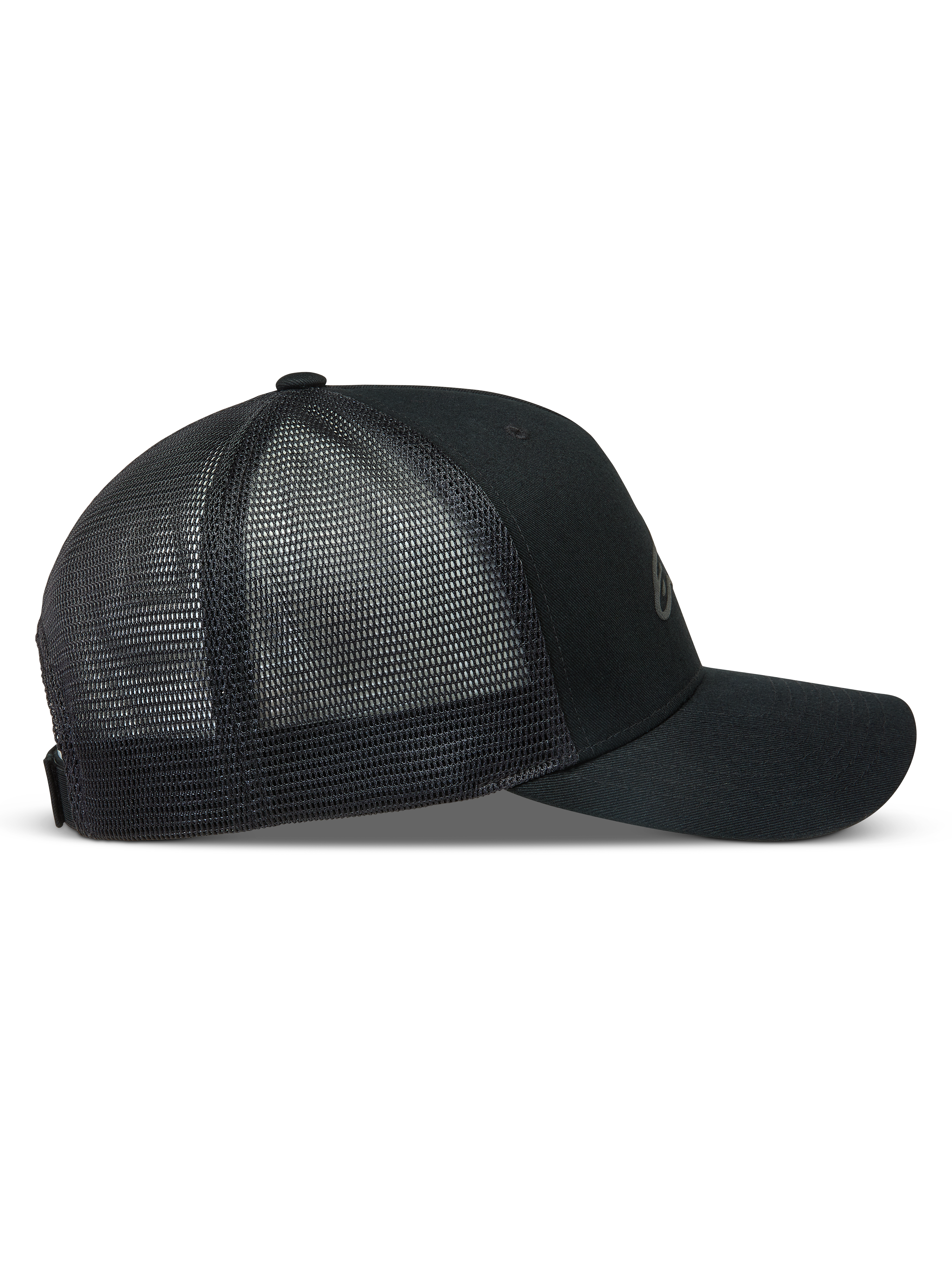 Alpinestars Augment Cappellino Trucker, cappello sportivo nero con visiera curva, corona strutturata e retro in rete a diamante.
