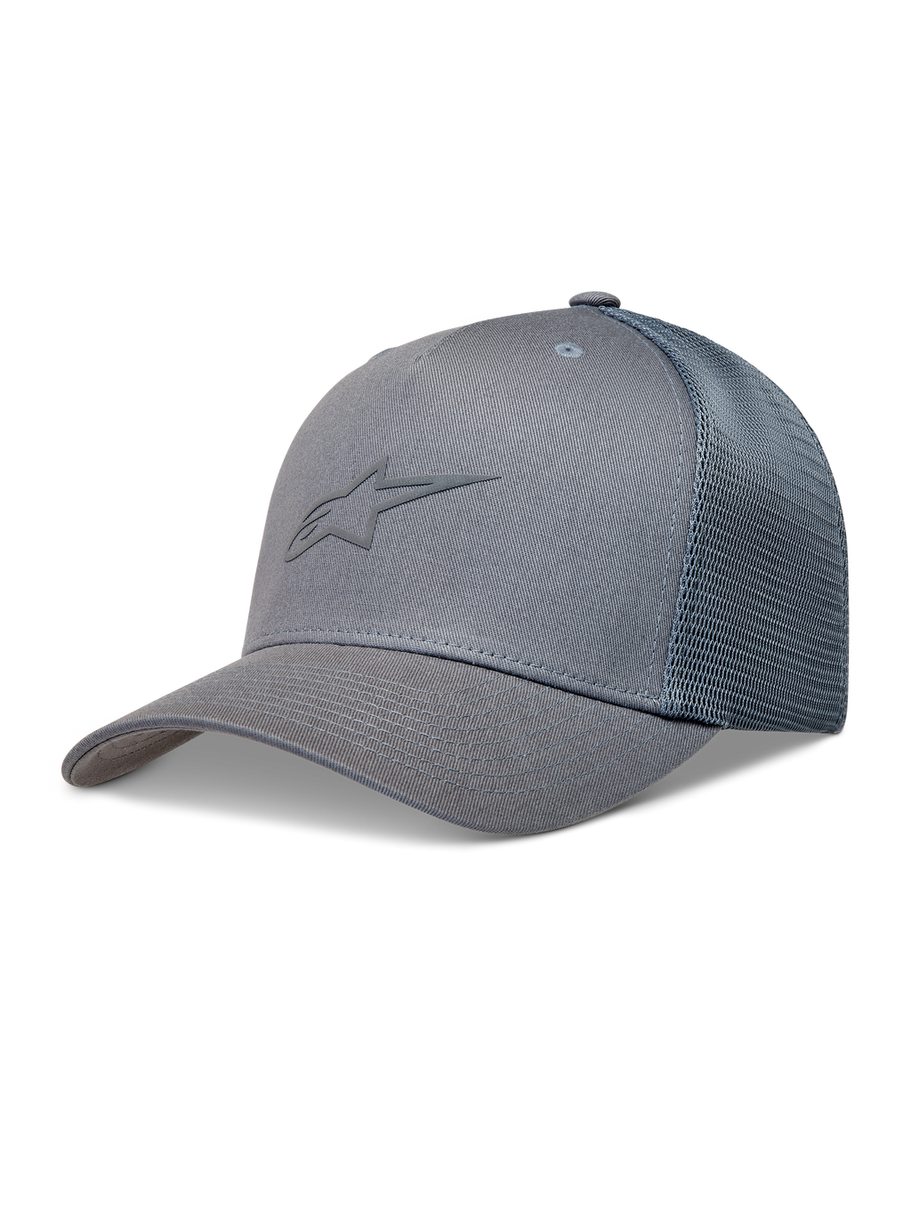 Alpinestars Augment Cappellino Trucker, cappello sportswear grigio con visiera curva, corona strutturata e retro in rete a diamante traspirante.