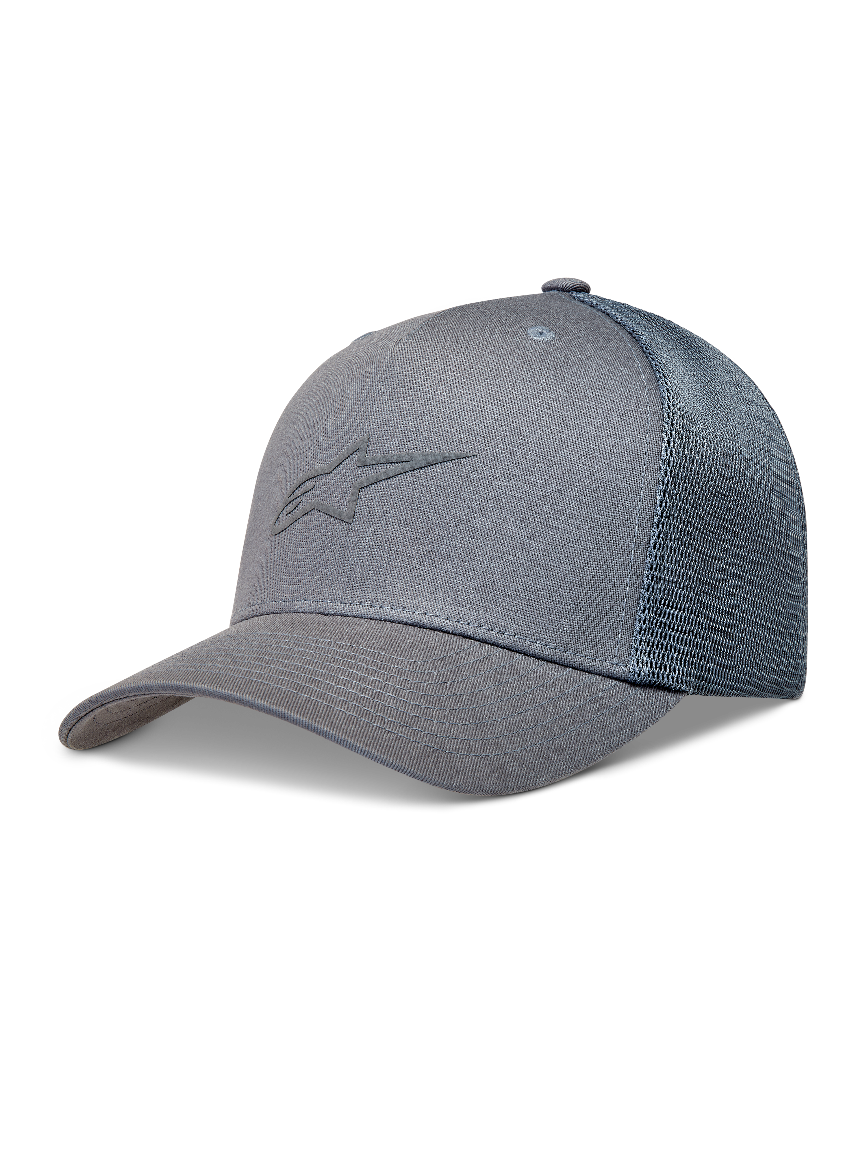 Alpinestars Augment Cappellino Trucker, cappello sportswear grigio con visiera curva, corona strutturata e retro in rete a diamante traspirante.