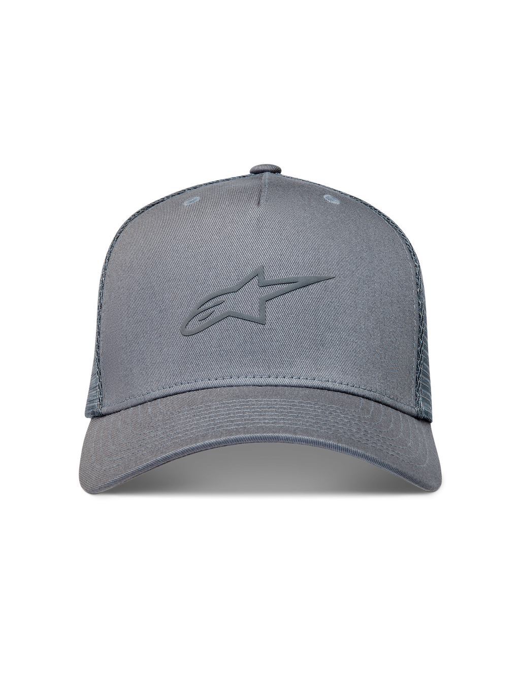 Alpinestars Augment Cappellino Trucker, cappello da sportswear grigio con visiera curva, corona strutturata, retro in rete a diamante e logo Astars a rilievo