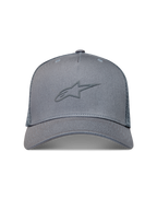Alpinestars Augment Cappellino Trucker, cappello da sportswear grigio con visiera curva, corona strutturata, retro in rete a diamante e logo Astars a rilievo