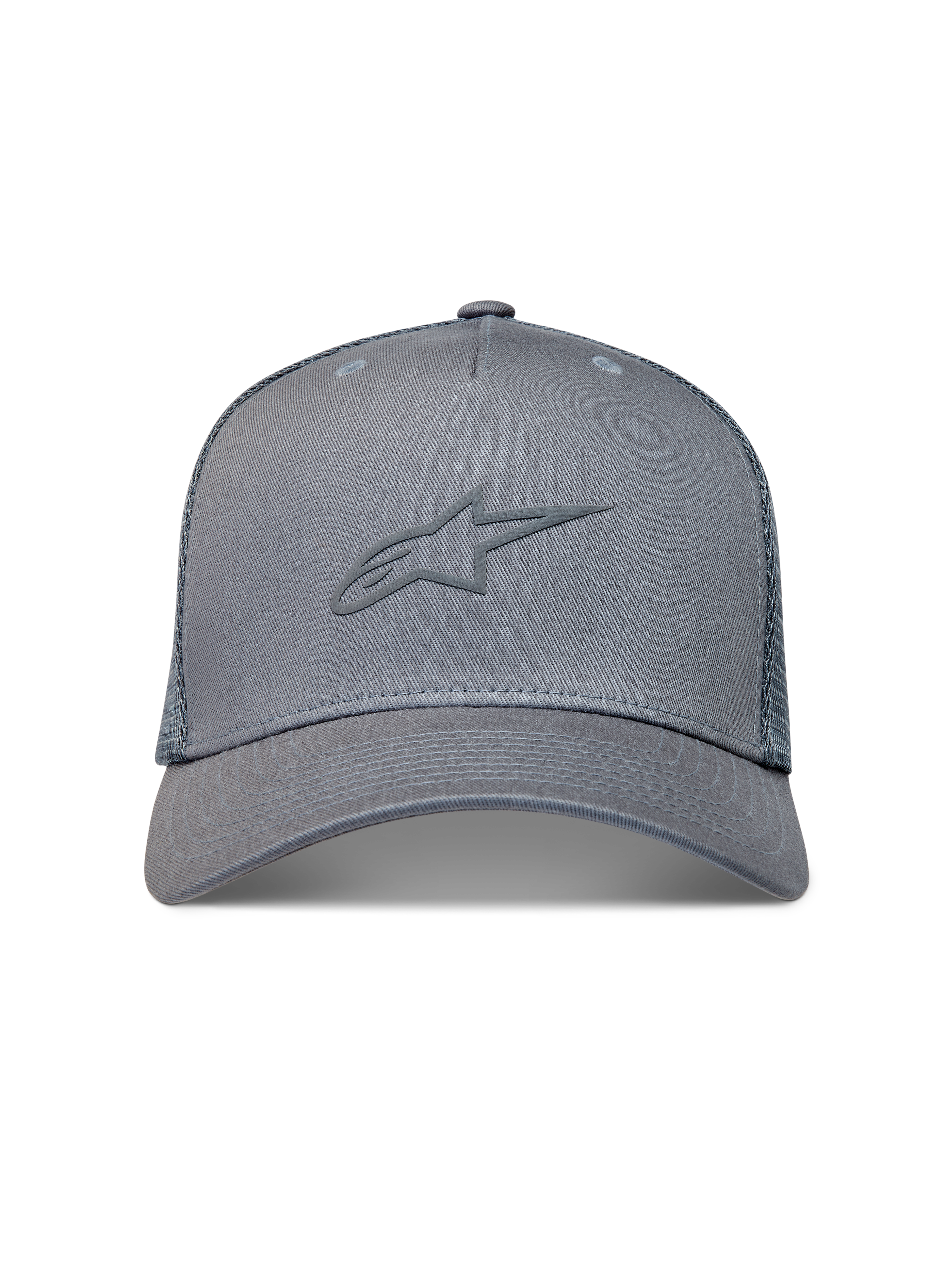 Alpinestars Augment Cappellino Trucker, cappello da sportswear grigio con visiera curva, corona strutturata, retro in rete a diamante e logo Astars a rilievo