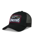 Alpinestars Hemmings Cappellino Trucker, cappello nero con retro in rete e fronte in twill, patch con logo Alpinestars e bordo rosso, stile sportivo.