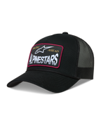 Alpinestars Hemmings Cappellino Trucker, cappello nero con retro in rete e fronte in twill, patch con logo Alpinestars e bordo rosso, stile sportivo.