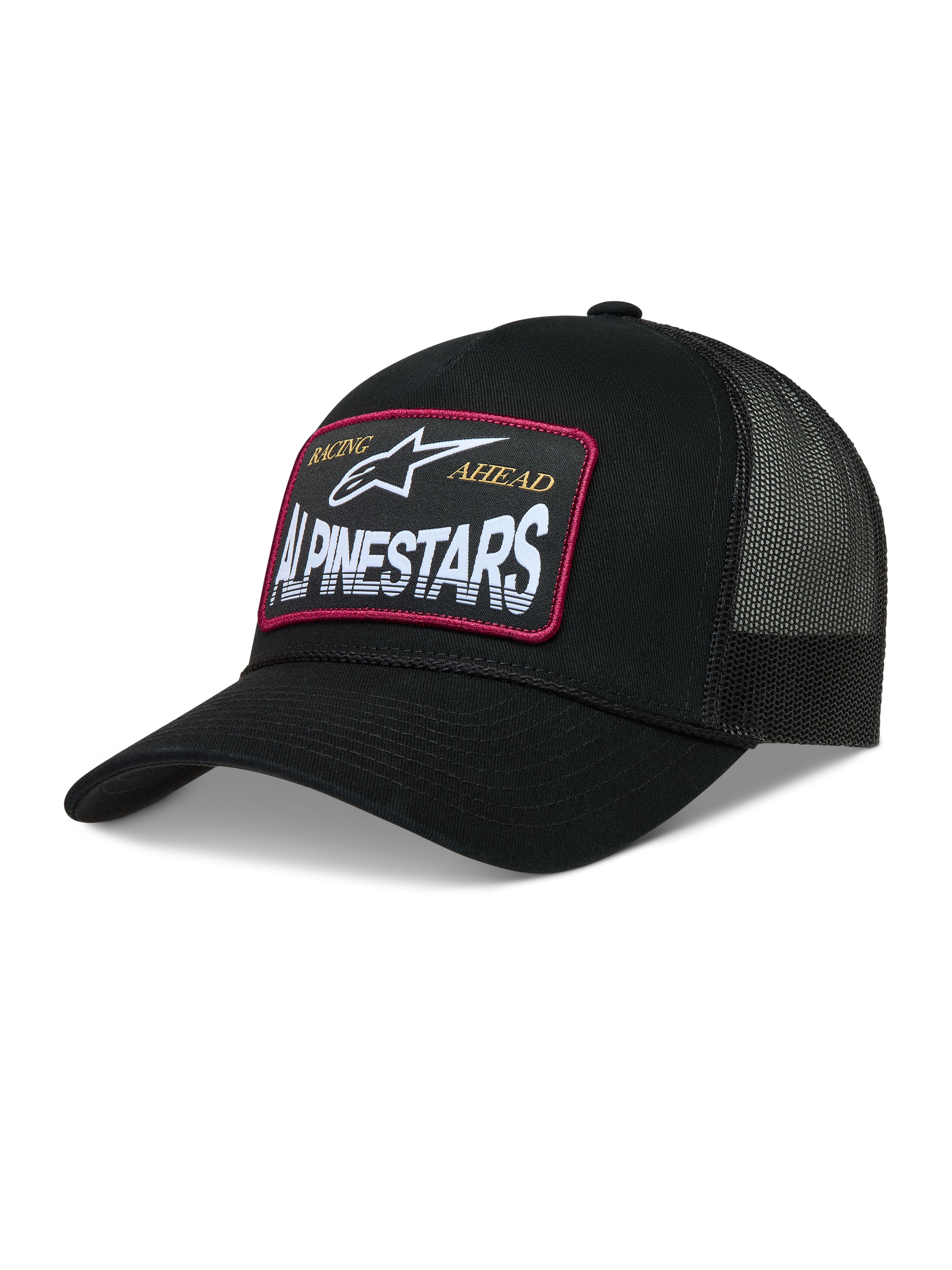 Alpinestars Hemmings Cappellino Trucker, cappello nero con retro in rete e fronte in twill, patch con logo Alpinestars e bordo rosso, stile sportivo.