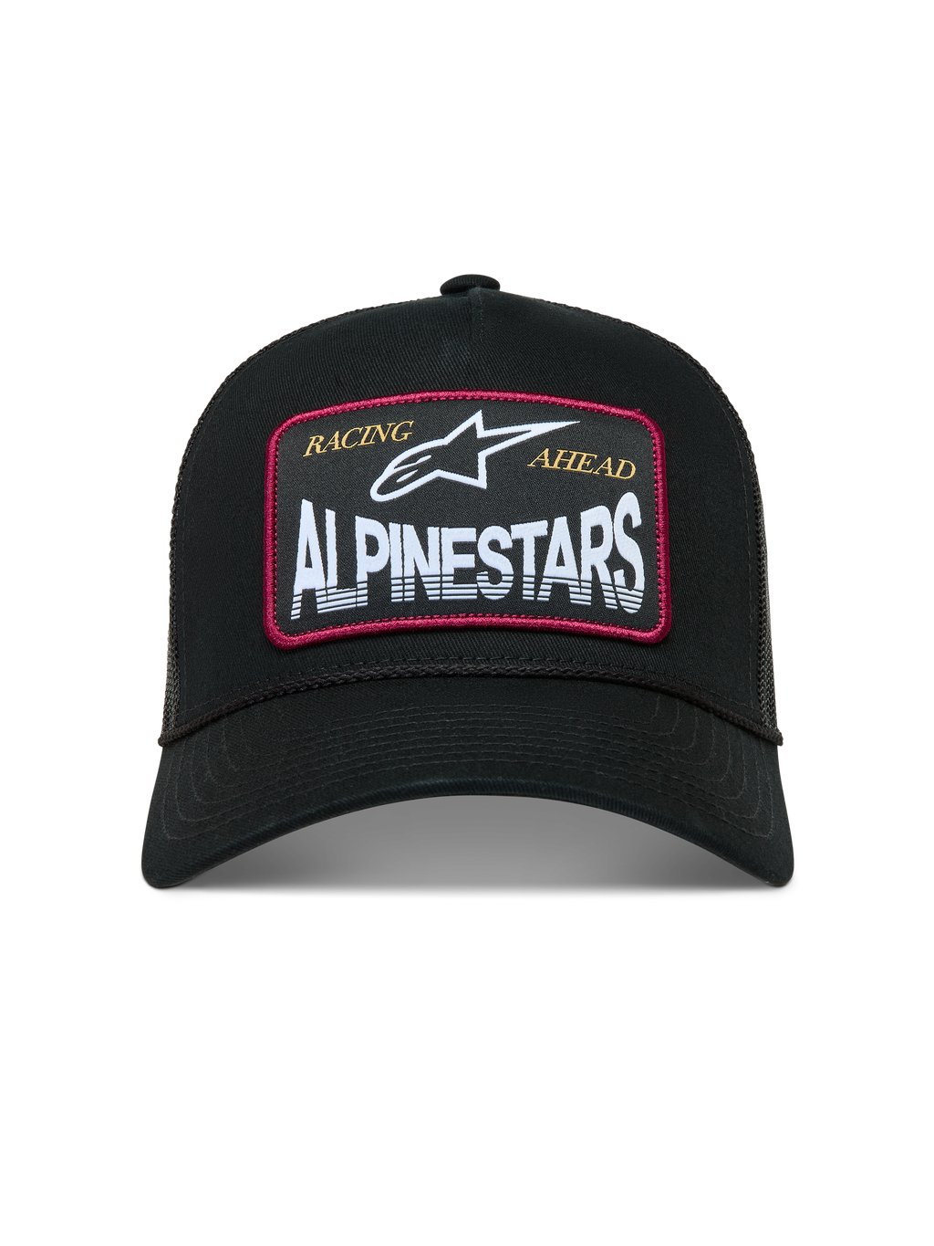 Alpinestars Hemmings Cappellino Trucker, cappello sportivo nero con patch logo frontale bianca, dettagli rossi e retro in rete traspirante