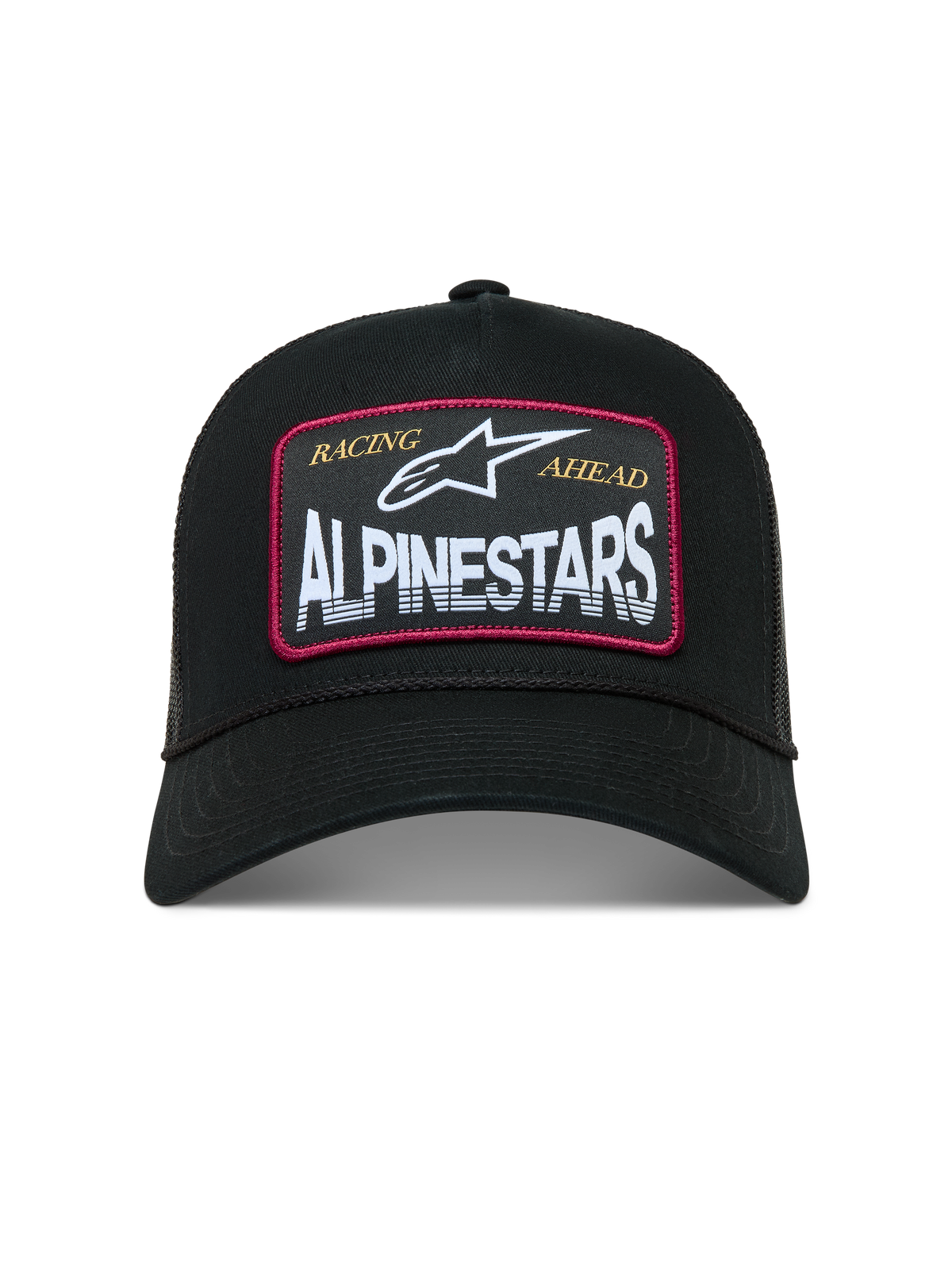 Alpinestars Hemmings Cappellino Trucker, cappello sportivo nero con patch logo frontale bianca, dettagli rossi e retro in rete traspirante