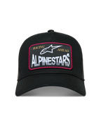 Alpinestars Hemmings Cappellino Trucker, cappello sportivo nero con patch logo frontale bianca, dettagli rossi e retro in rete traspirante