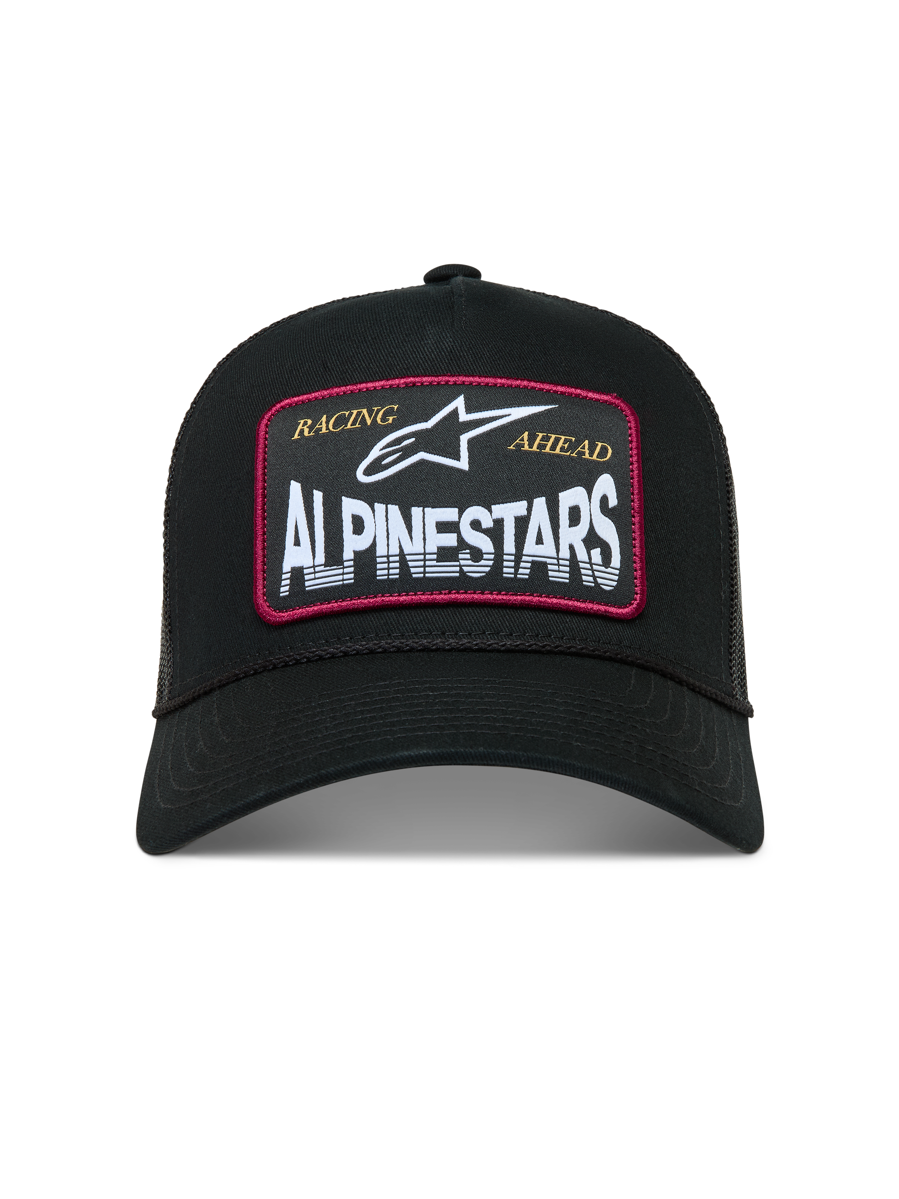 Alpinestars Hemmings Cappellino Trucker, cappello sportivo nero con patch logo frontale bianca, dettagli rossi e retro in rete traspirante