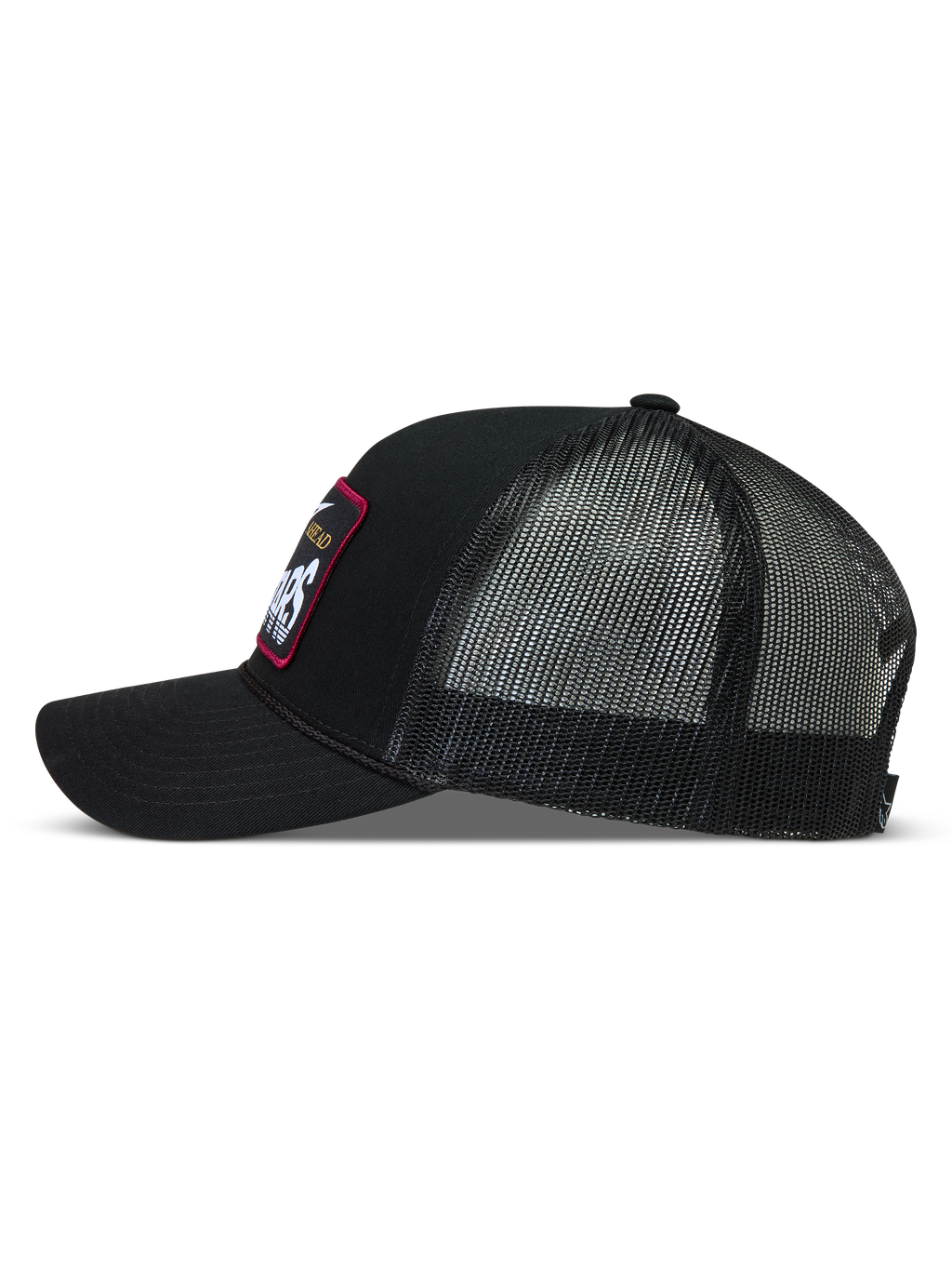 Alpinestars Hemmings cappellino trucker, cappello sportswear nero in twill e rete, patch logo tessuta, vista laterale