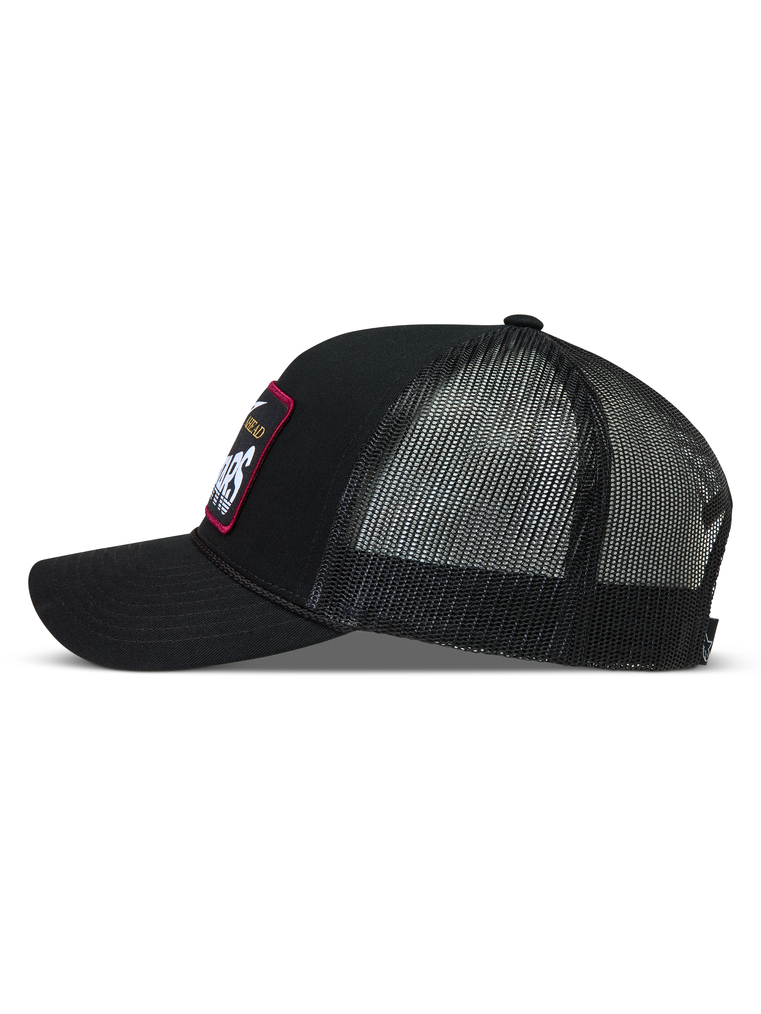 Alpinestars Hemmings cappellino trucker, cappello sportswear nero in twill e rete, patch logo tessuta, vista laterale
