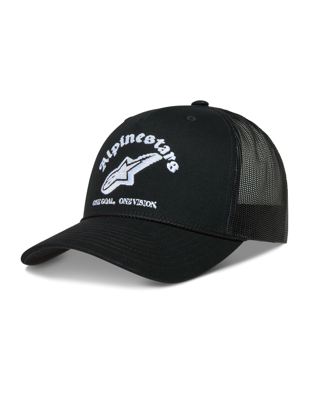 Alpinestars Baron cappellino trucker, cappello nero con logo bianco ricamato, visiera curva e retro in rete traspirante